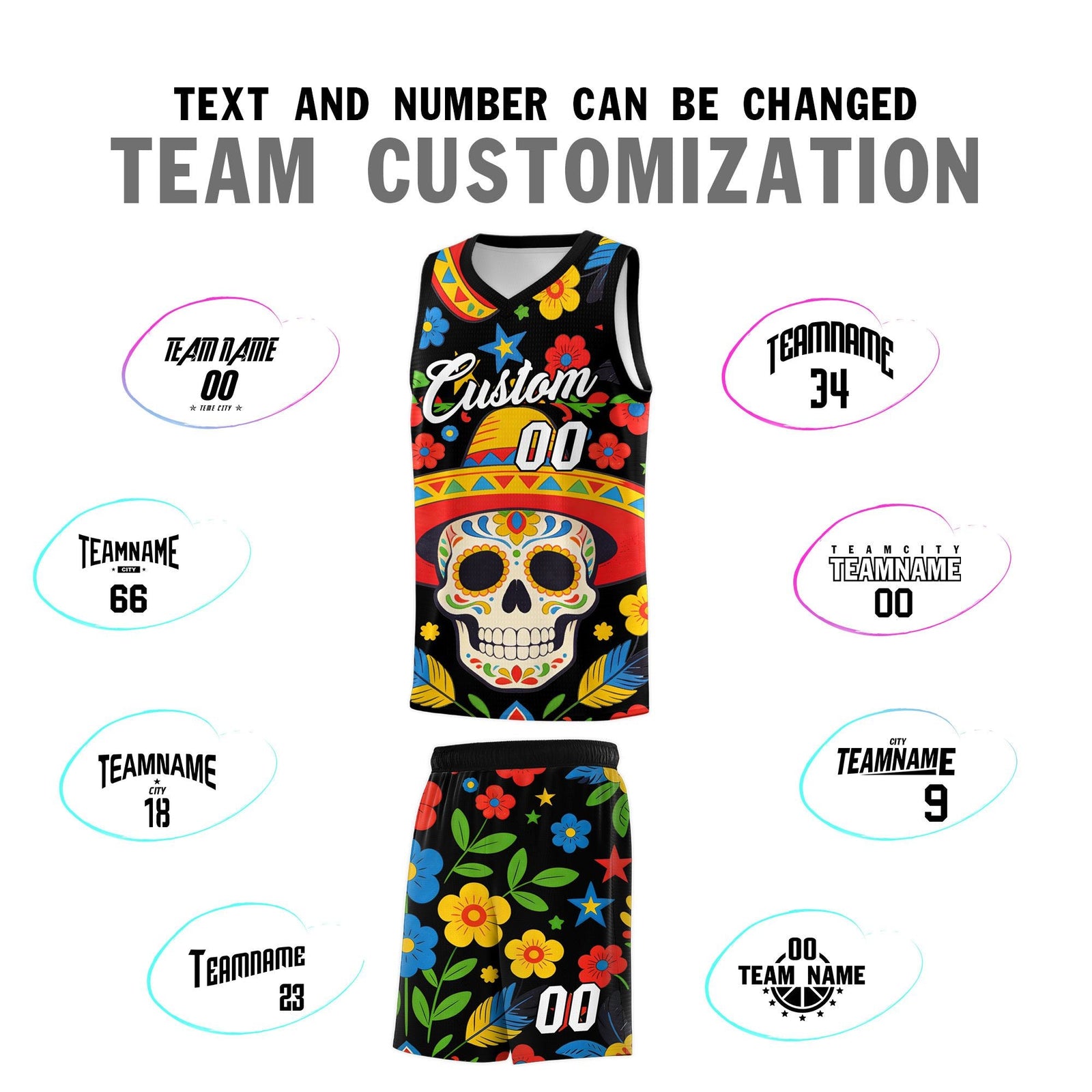 Custom Black Skeleton Mexican Colors Graffiti Patterns Breathable Uniform Basketball Jersey