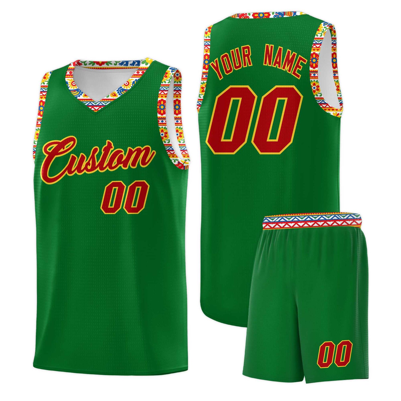Custom Kelly Green Colorfulflower pattern Mexican Colors Graffiti Patterns Lightweight Uniform Basketball Jersey