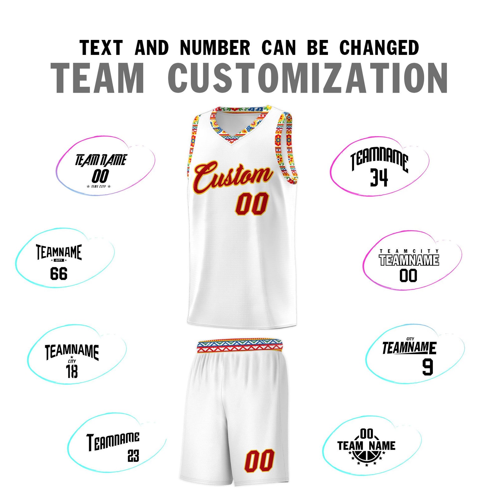 Custom White Colorfulflower pattern Mexican Colors Graffiti Patterns Wrinkle-Resistant Uniform Basketball Jersey