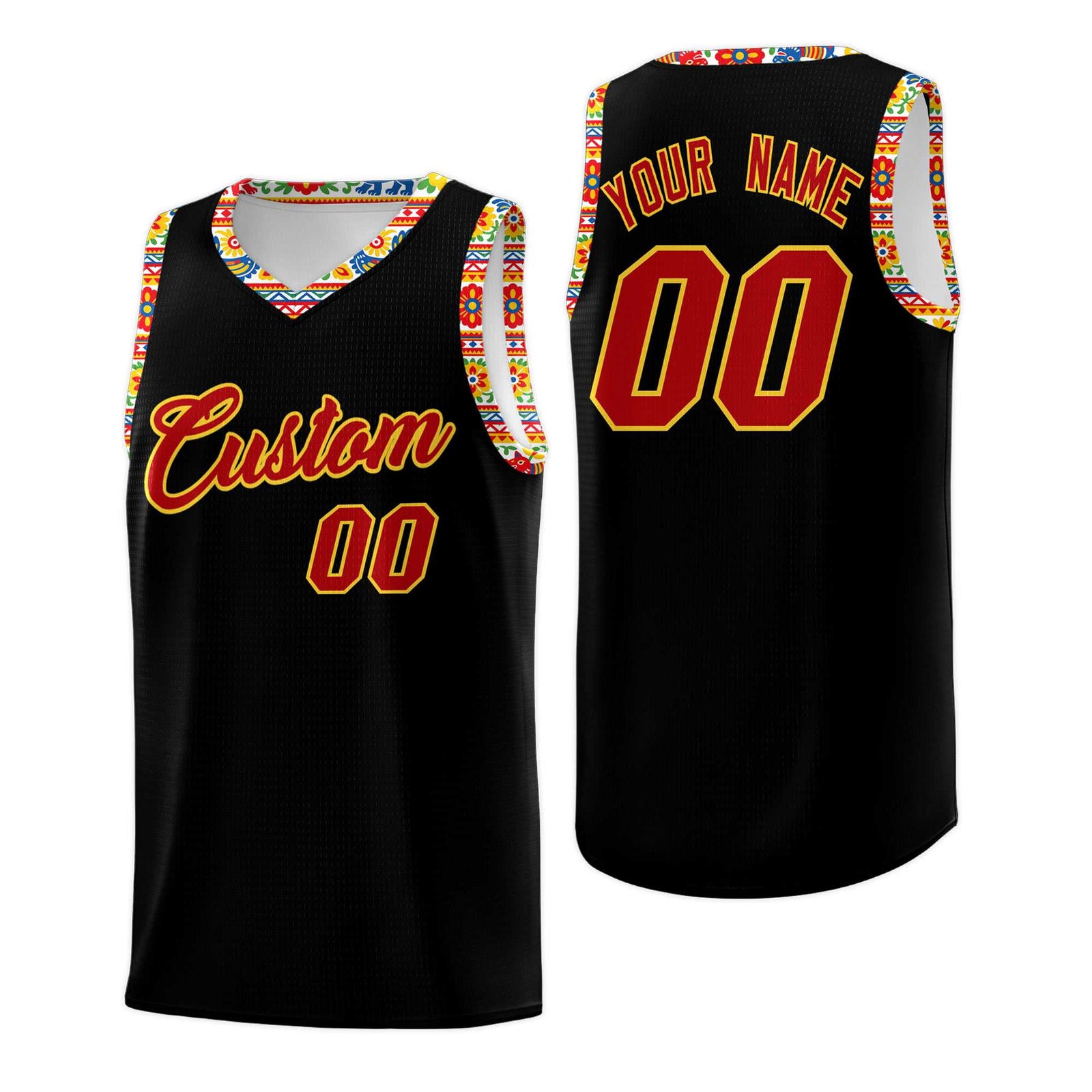 Custom Black Colorfulflower pattern Mexican Colors Graffiti Patterns Sublimation Printing Uniform Basketball Jersey