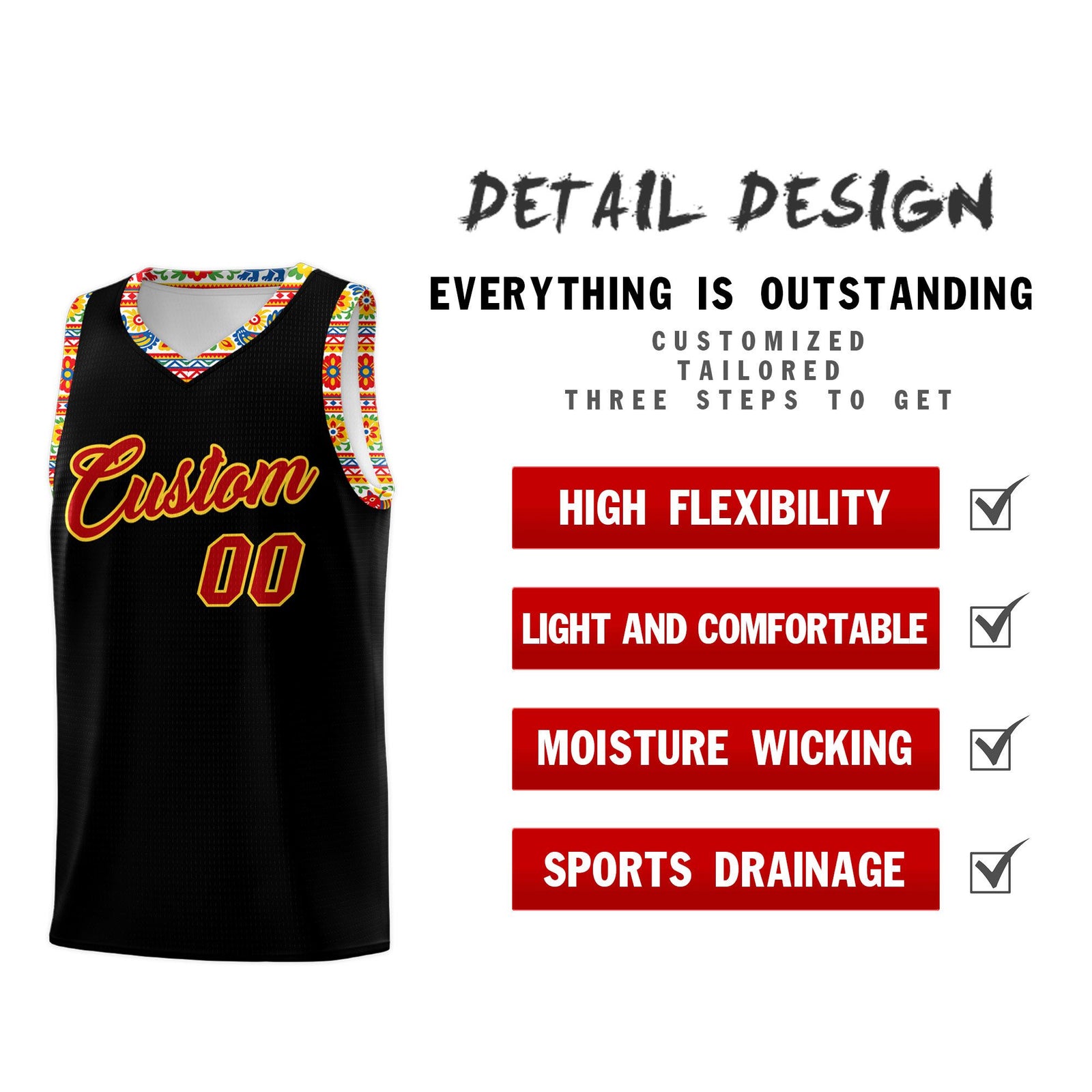 Custom Black Colorfulflower pattern Mexican Colors Graffiti Patterns Sublimation Printing Uniform Basketball Jersey