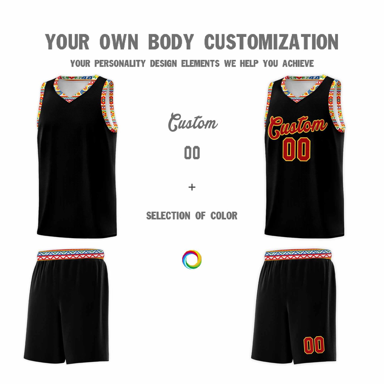 Custom Black Colorfulflower pattern Mexican Colors Graffiti Patterns Sublimation Printing Uniform Basketball Jersey