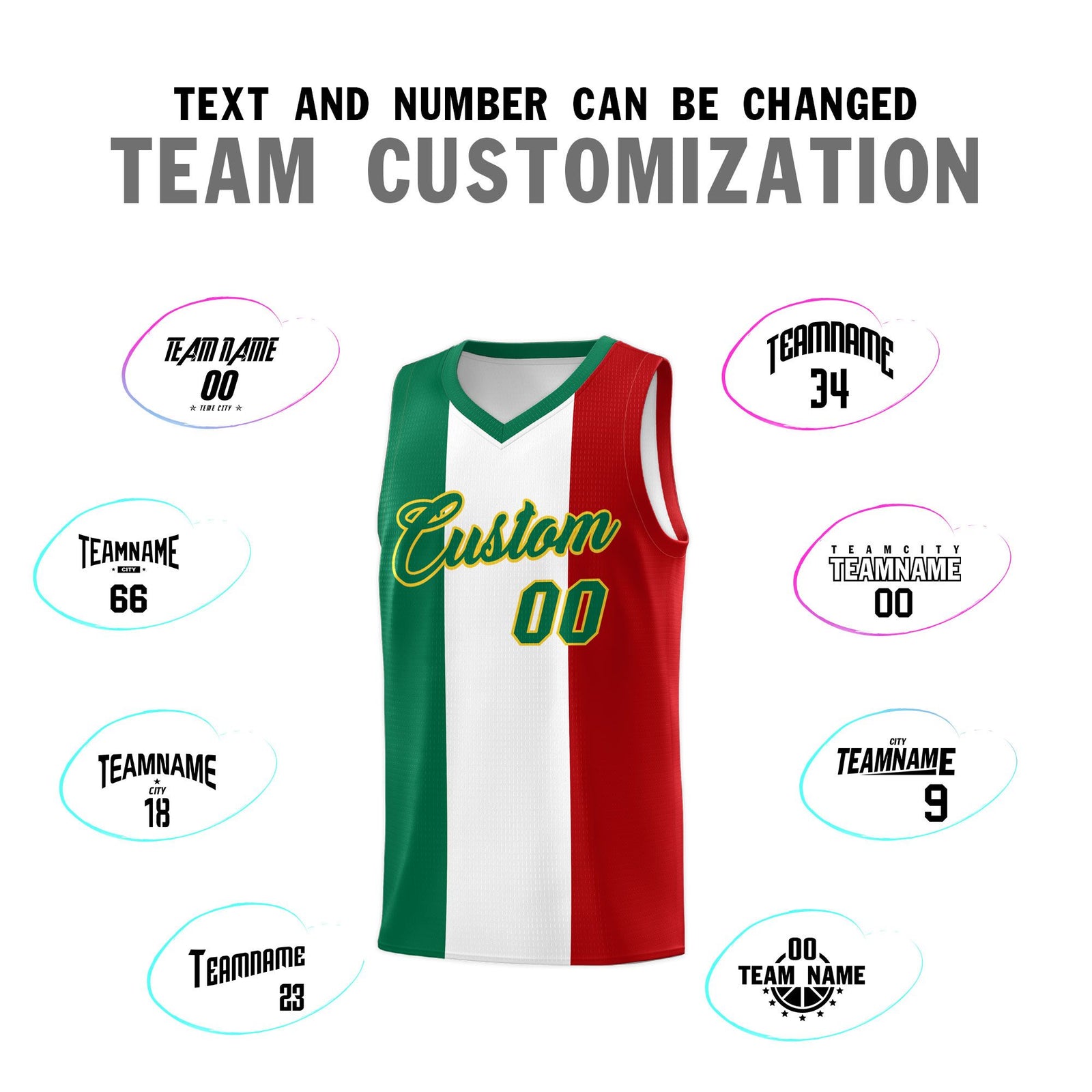 Custom White Kelly Green Red Mexican Colors Graffiti Patterns Breathable Uniform Basketball Jersey