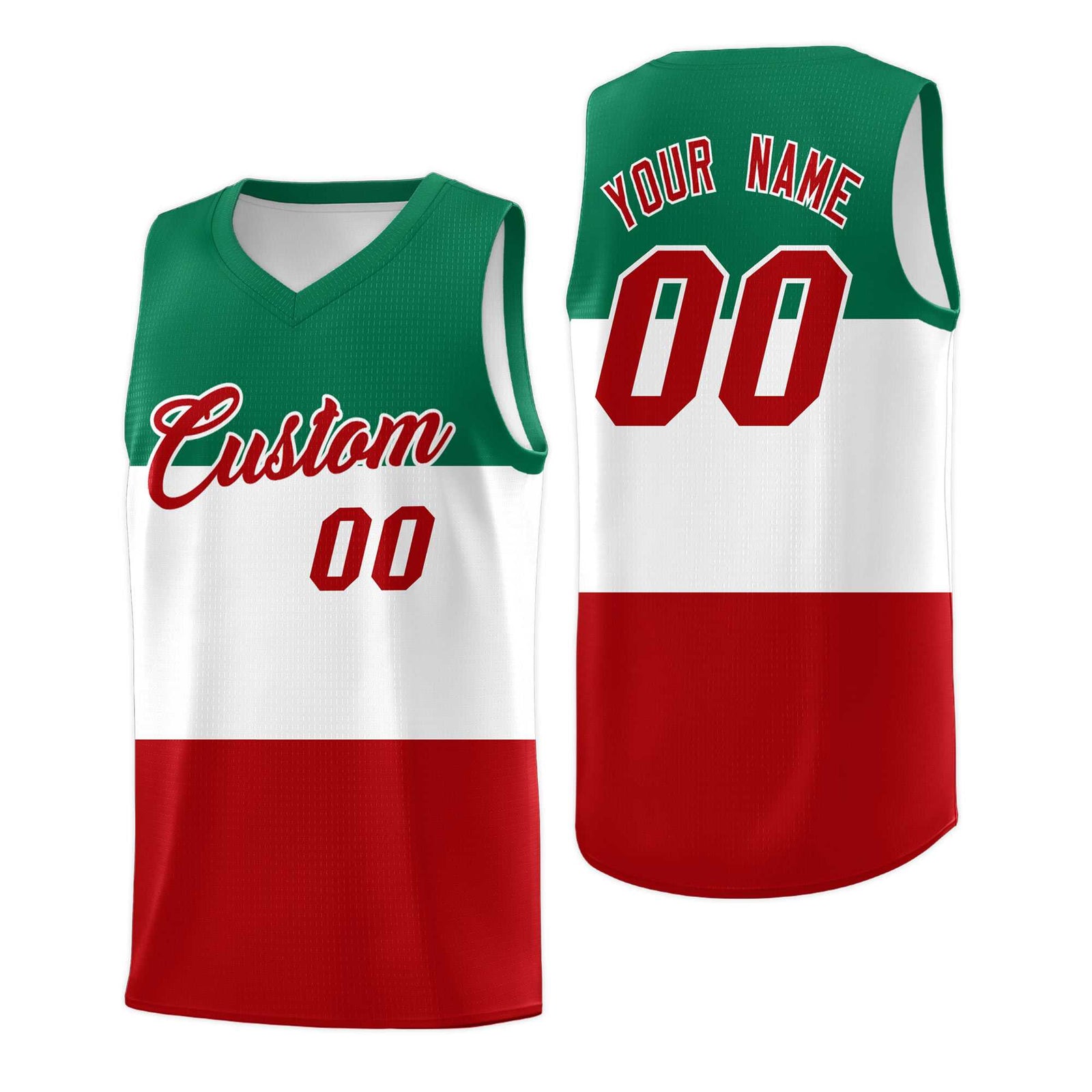 Custom White Kelly Green Red Mexican Colors Graffiti Patterns Drapable Uniform Basketball Jersey
