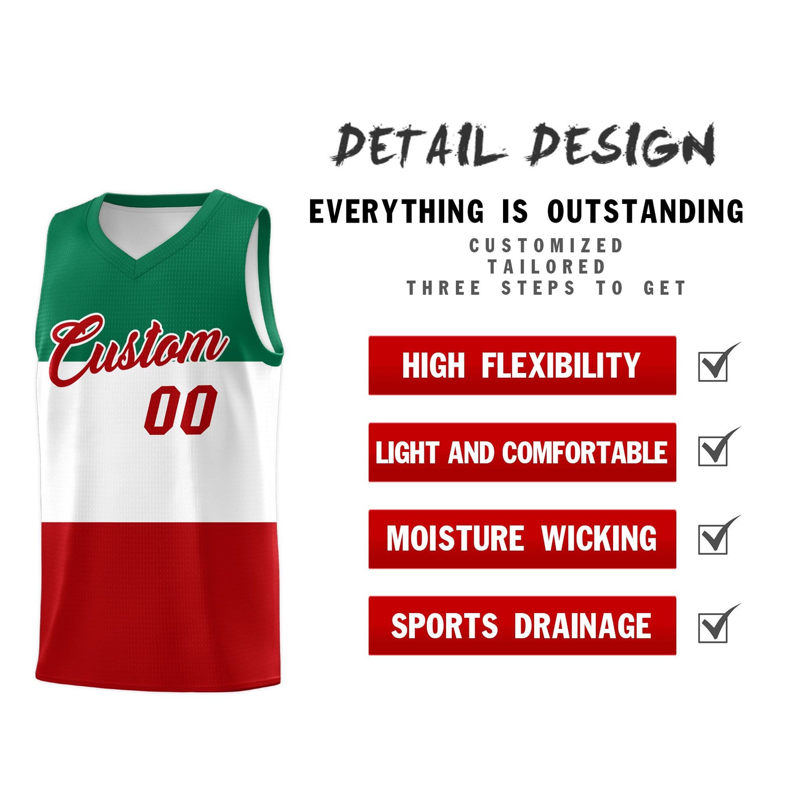 Custom White Kelly Green Red Mexican Colors Graffiti Patterns Drapable Uniform Basketball Jersey