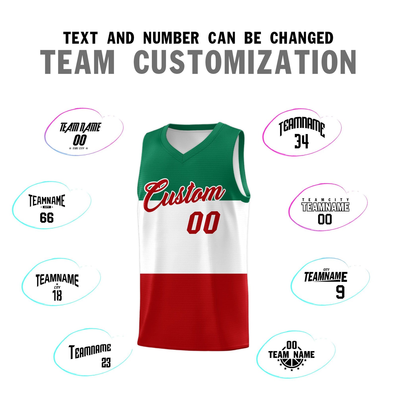 Custom White Kelly Green Red Mexican Colors Graffiti Patterns Drapable Uniform Basketball Jersey