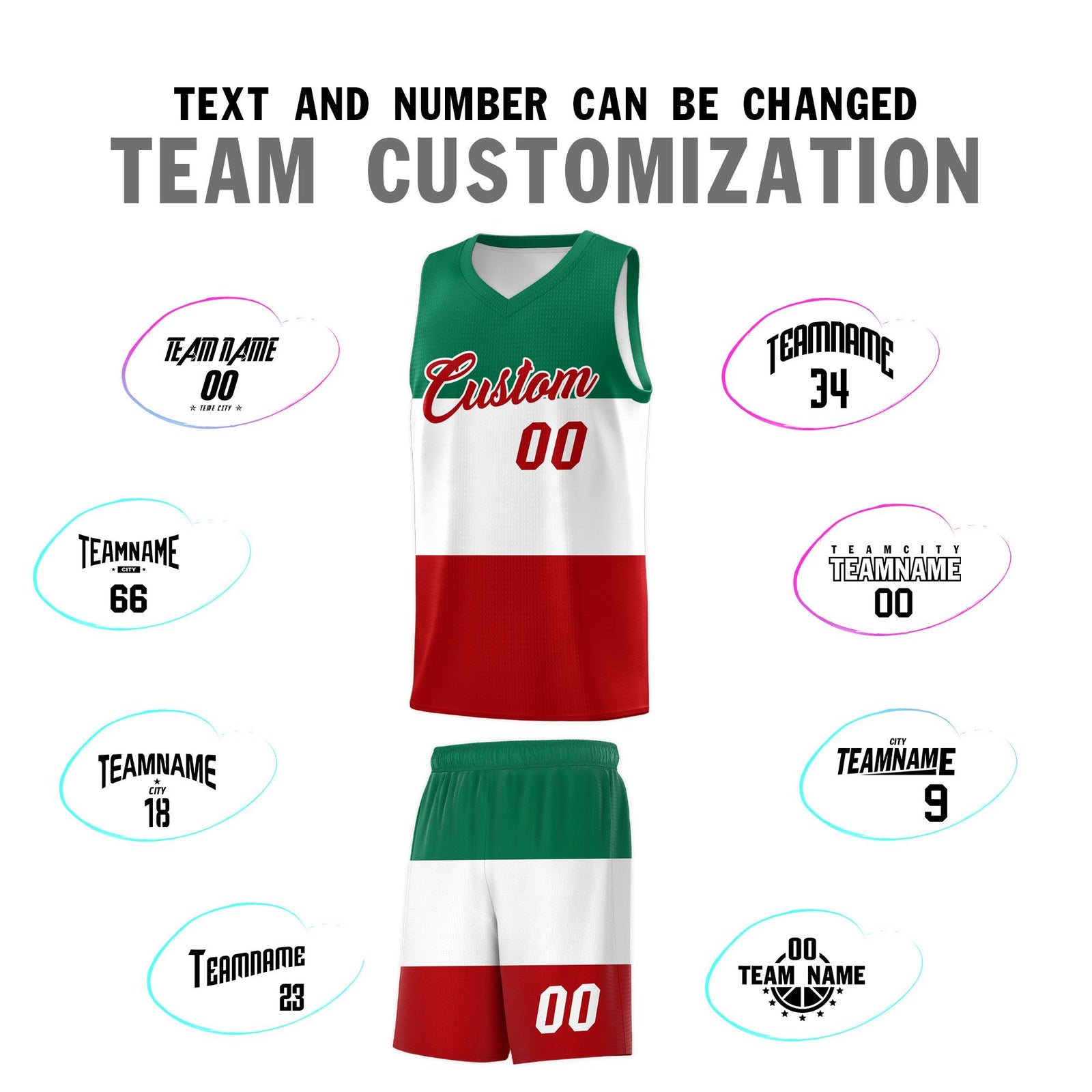 Custom White Kelly Green Red Mexican Colors Graffiti Patterns Drapable Uniform Basketball Jersey