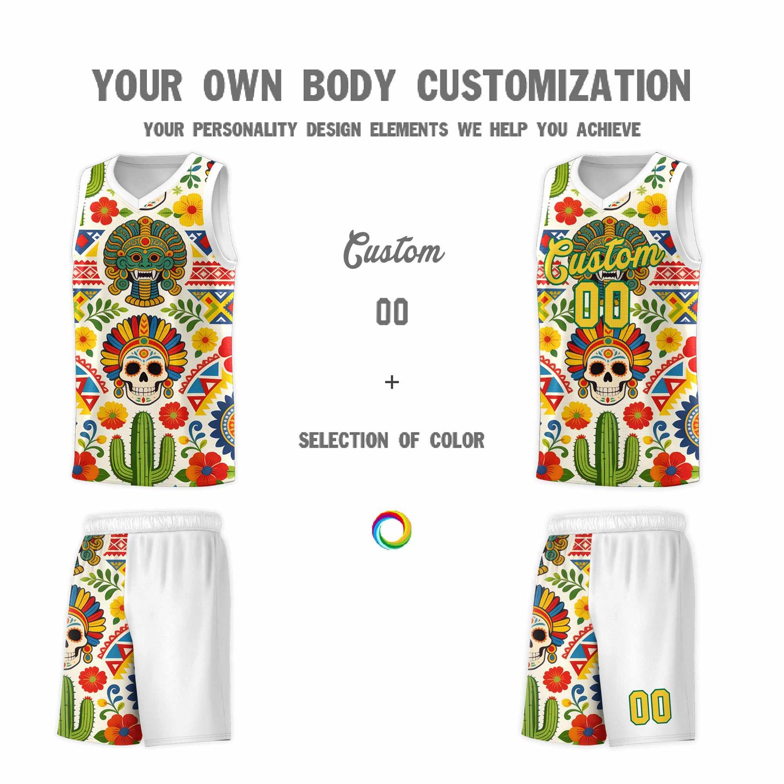 Custom White Skeleton Mexican Colors Graffiti Patterns Sublimation Printing Uniform Basketball Jersey