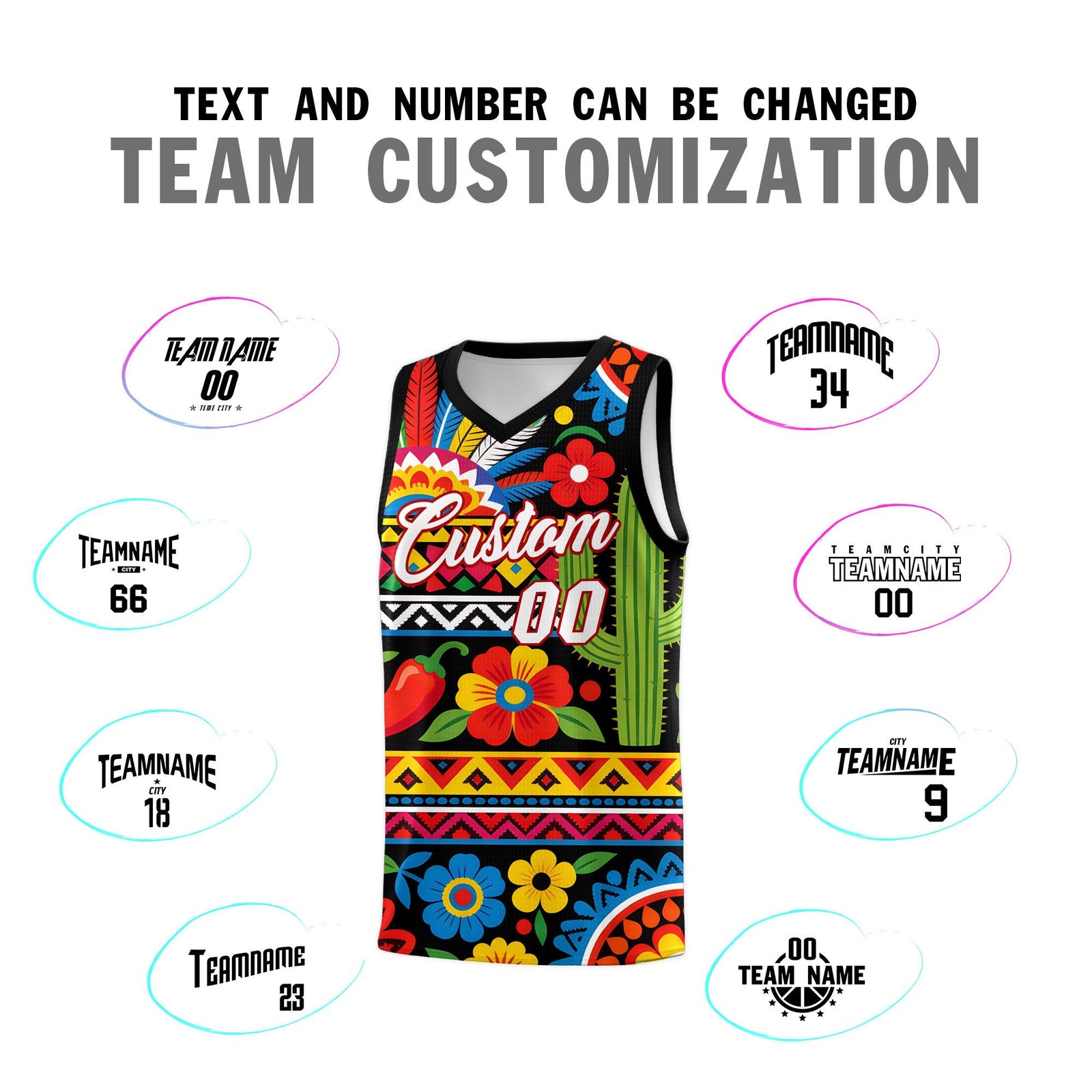 Custom Black Cactus Mexican Colors Graffiti Patterns Wrinkle-Resistant Uniform Basketball Jersey