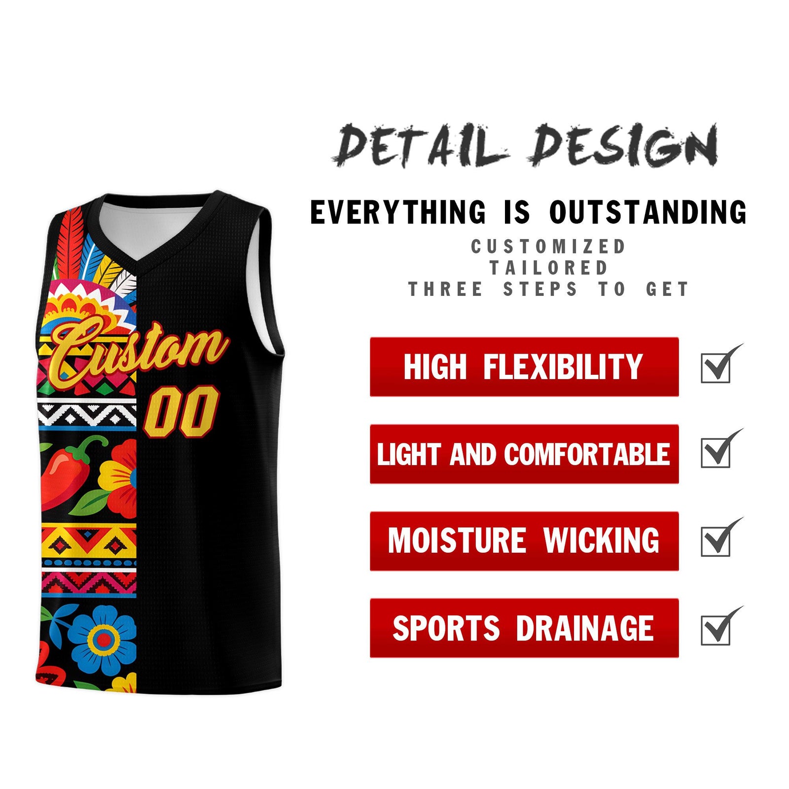Custom Black Cactus Mexican Colors Graffiti Patterns Drapable Uniform Basketball Jersey