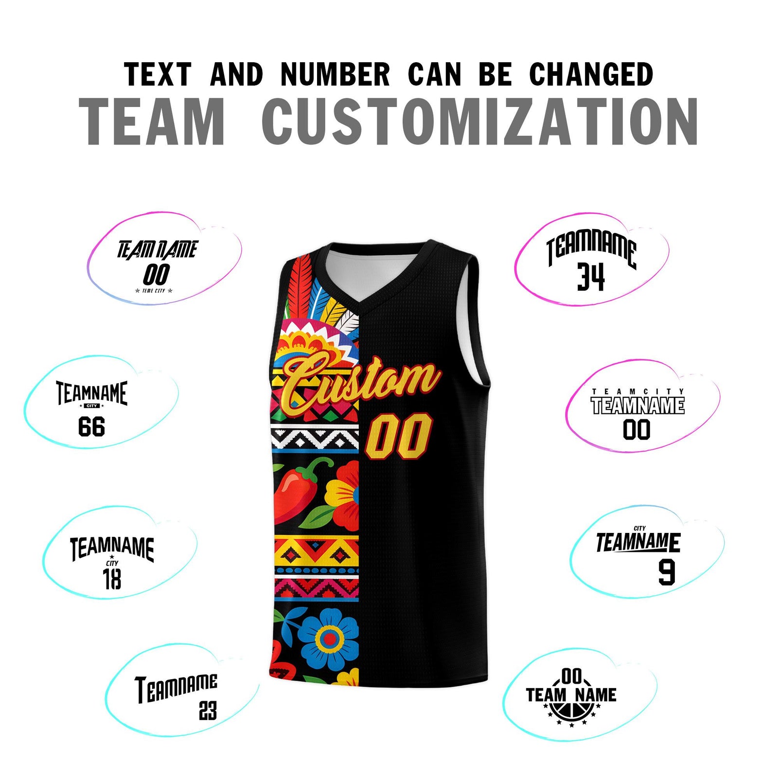 Custom Black Cactus Mexican Colors Graffiti Patterns Drapable Uniform Basketball Jersey