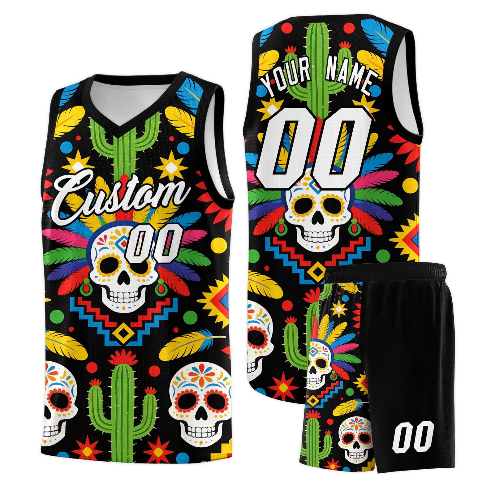Custom Black Skeleton Mexican Colors Graffiti Patterns Sublimation Printing Uniform Basketball Jersey