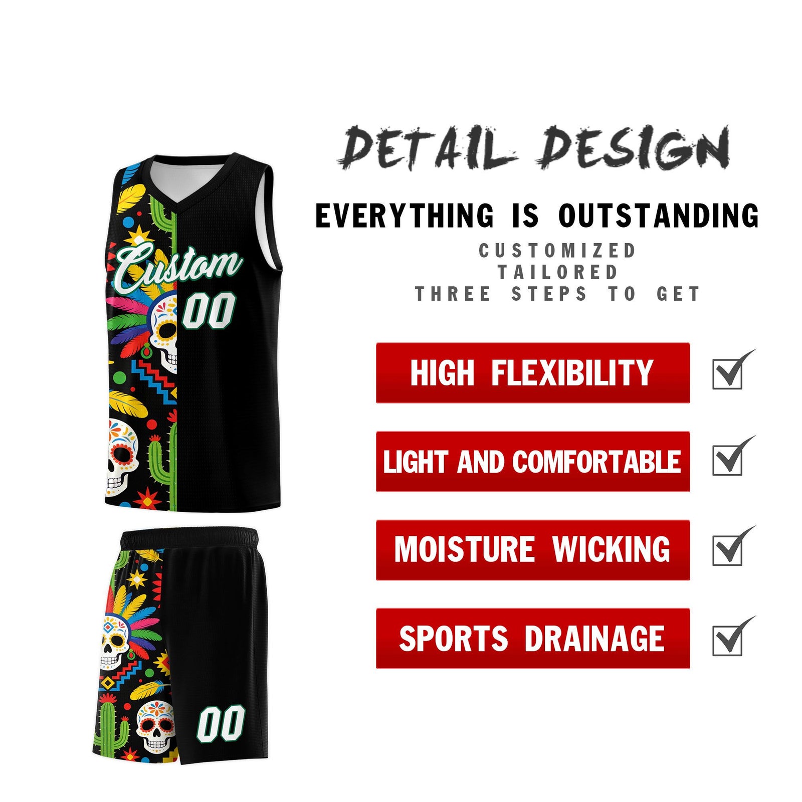 Custom Black Skeleton Mexican Colors Graffiti Patterns Breathable Uniform Basketball Jersey