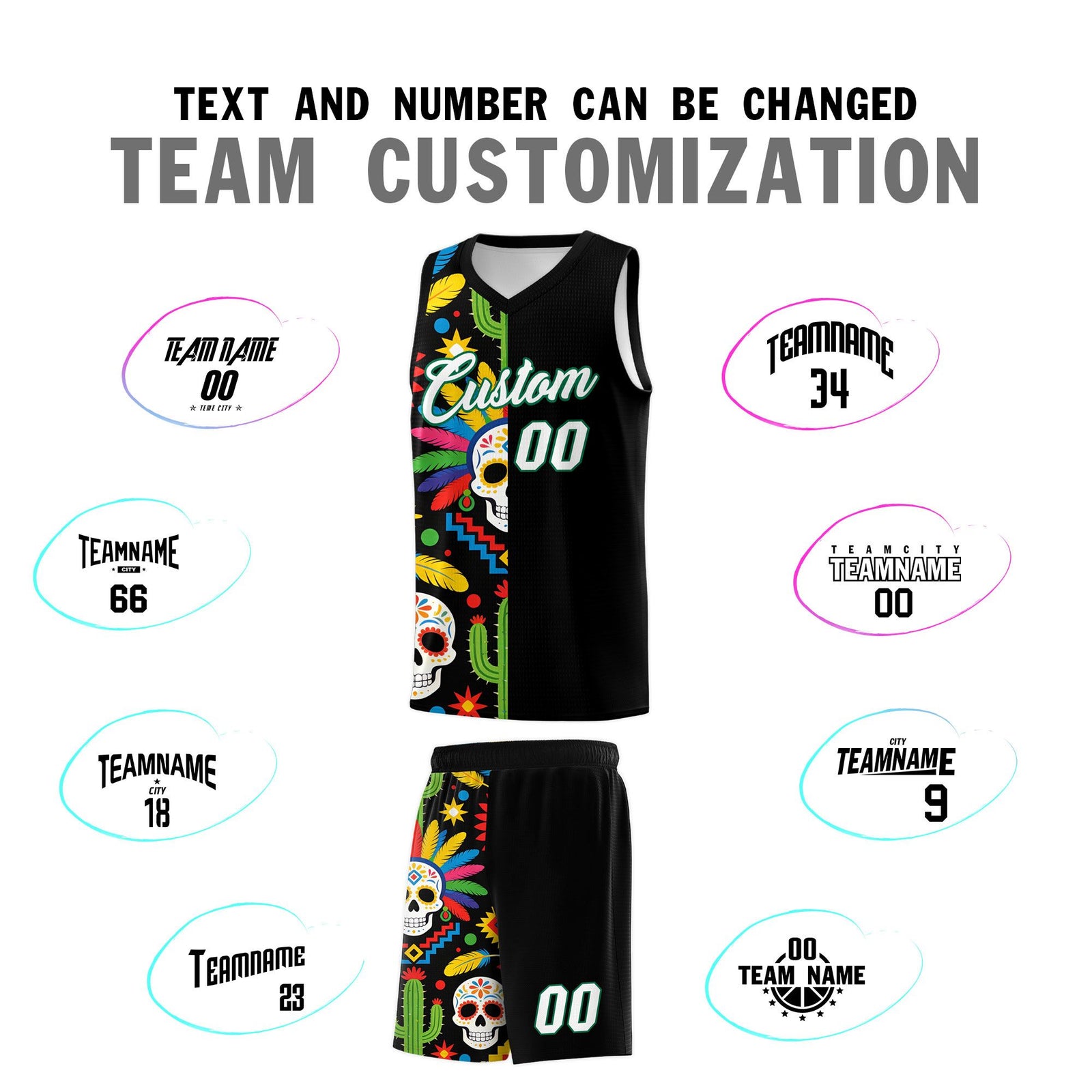 Custom Black Skeleton Mexican Colors Graffiti Patterns Breathable Uniform Basketball Jersey