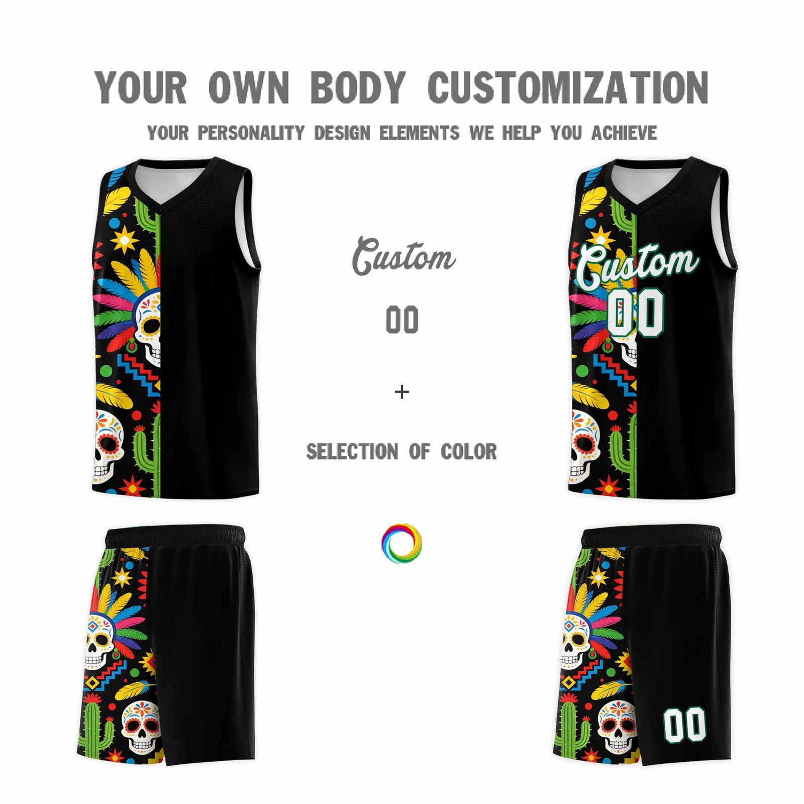 Custom Black Skeleton Mexican Colors Graffiti Patterns Breathable Uniform Basketball Jersey