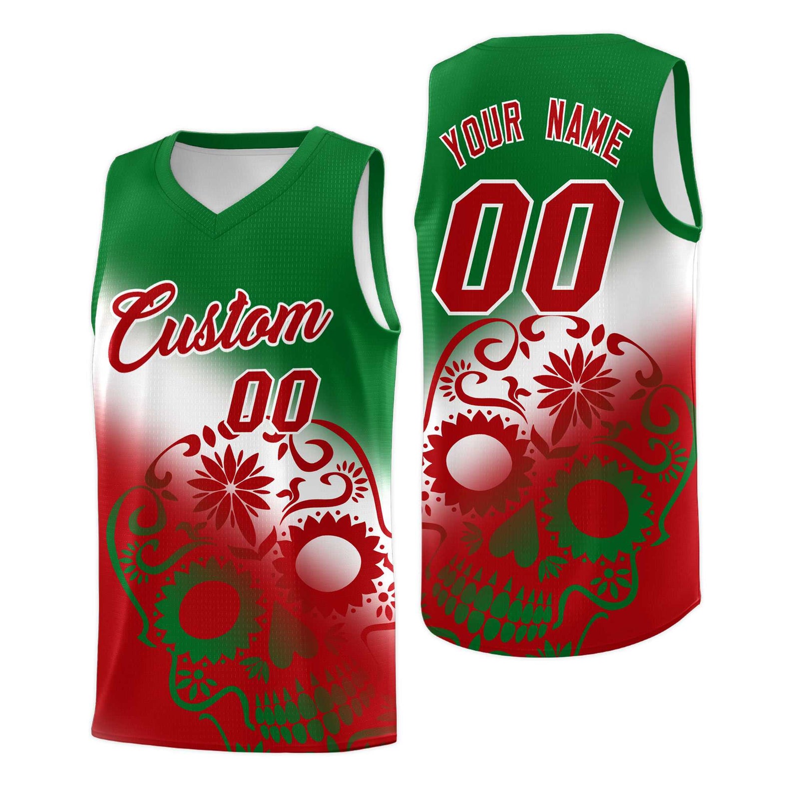 Custom White Kelly Green Red Mexican Colors Graffiti Patterns Lightweight Uniform Basketball Jersey