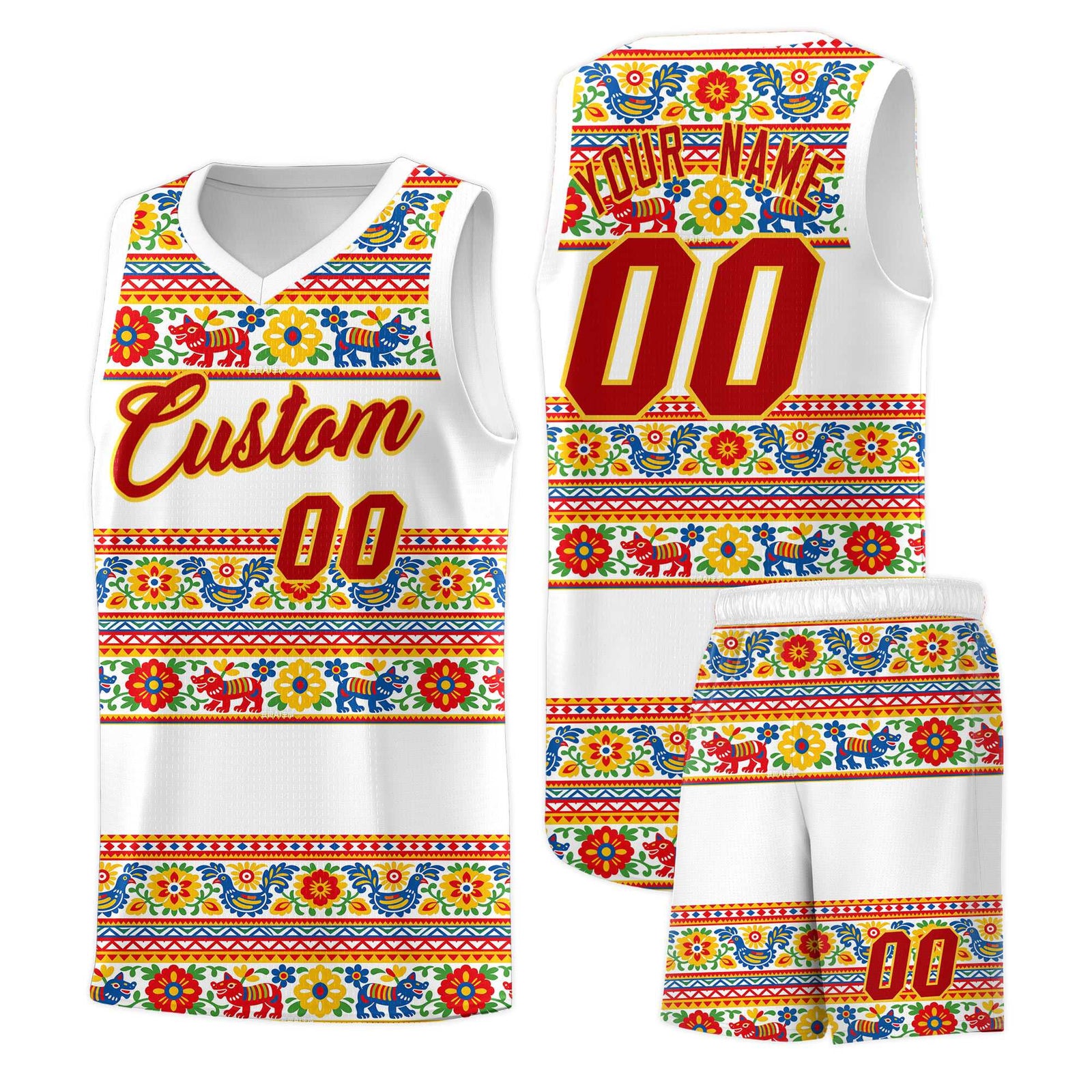 Custom White Colorfulflower pattern Mexican Colors Graffiti Patterns Quick-Drying Uniform Basketball Jersey
