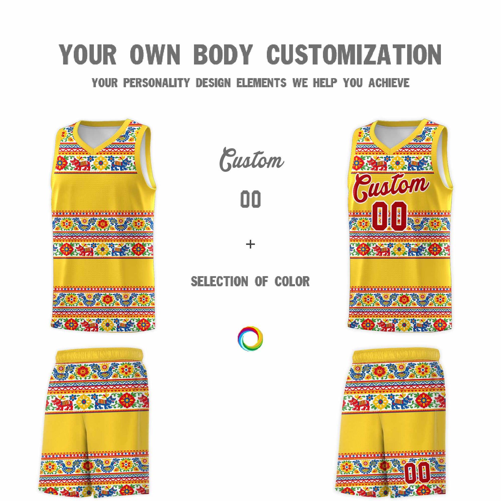 Custom Gold Colorfulflower pattern Mexican Colors Graffiti Patterns Lightweight Uniform Basketball Jersey