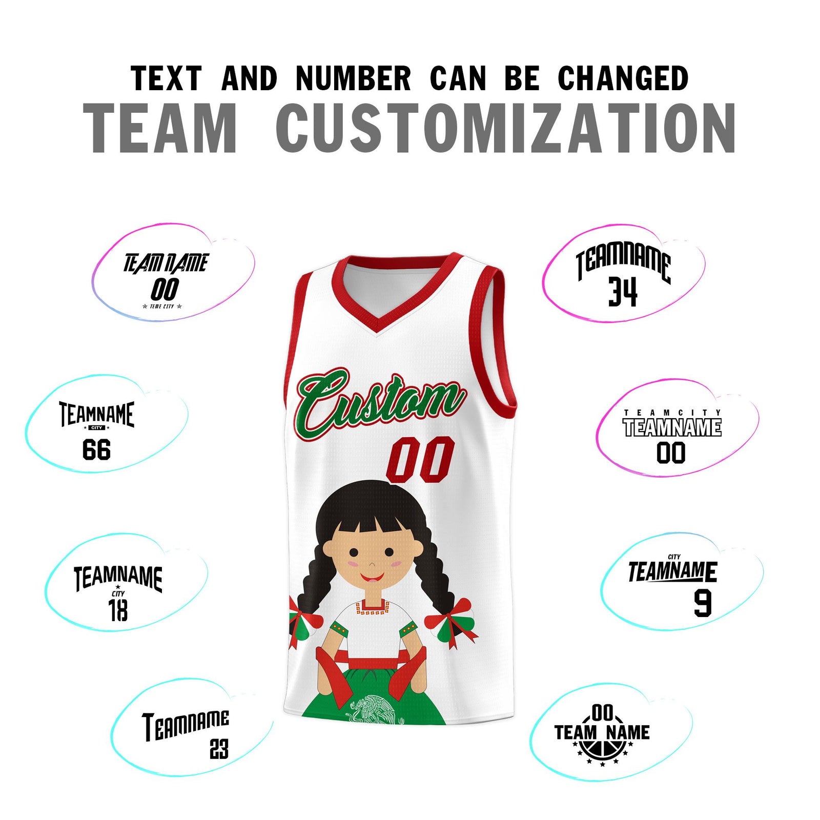 Custom White Red Mexican Colors Graffiti Patterns Sublimation Printing Uniform Basketball Jersey