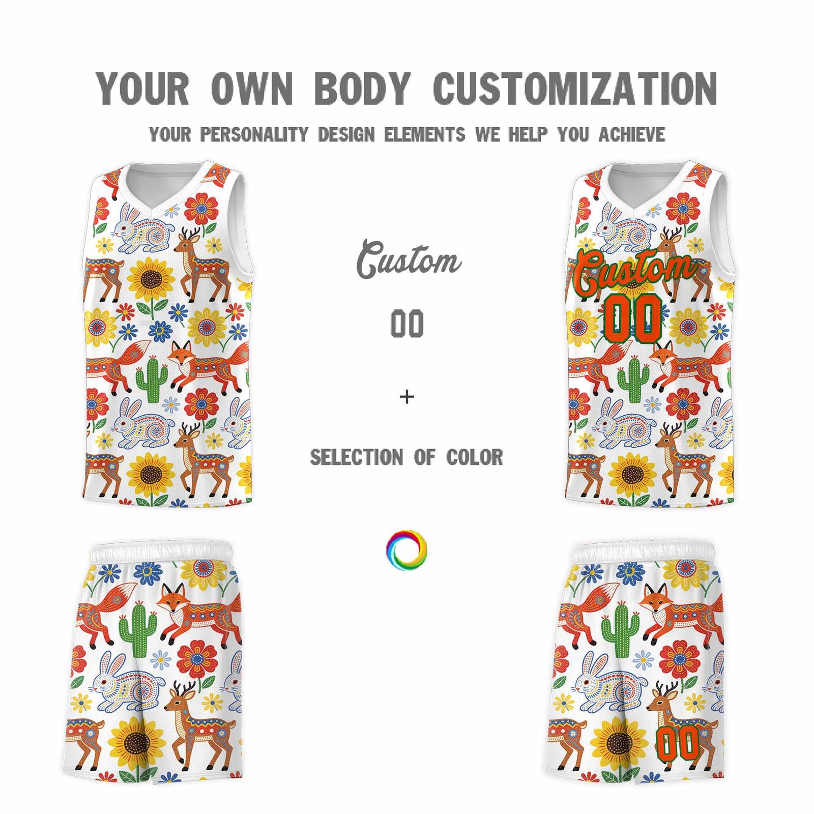 Custom White Chrysanthemum OrangeMexican Colors Graffiti Patterns Quick-Drying Uniform Basketball Jersey
