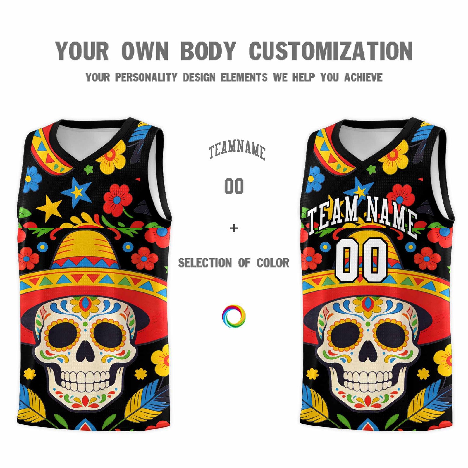 Custom Black Skeleton Mexican Colors Graffiti Patterns Breathable Uniform Basketball Jersey