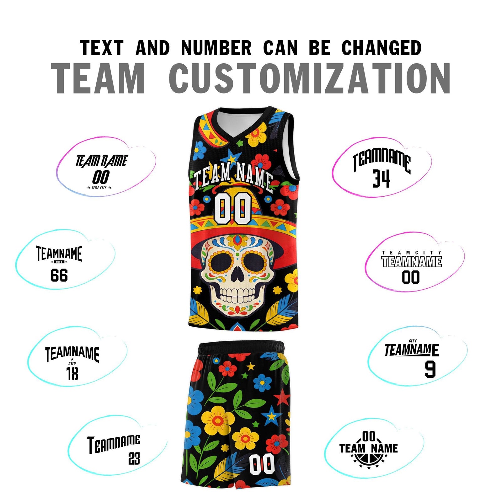 Custom Black Skeleton Mexican Colors Graffiti Patterns Breathable Uniform Basketball Jersey