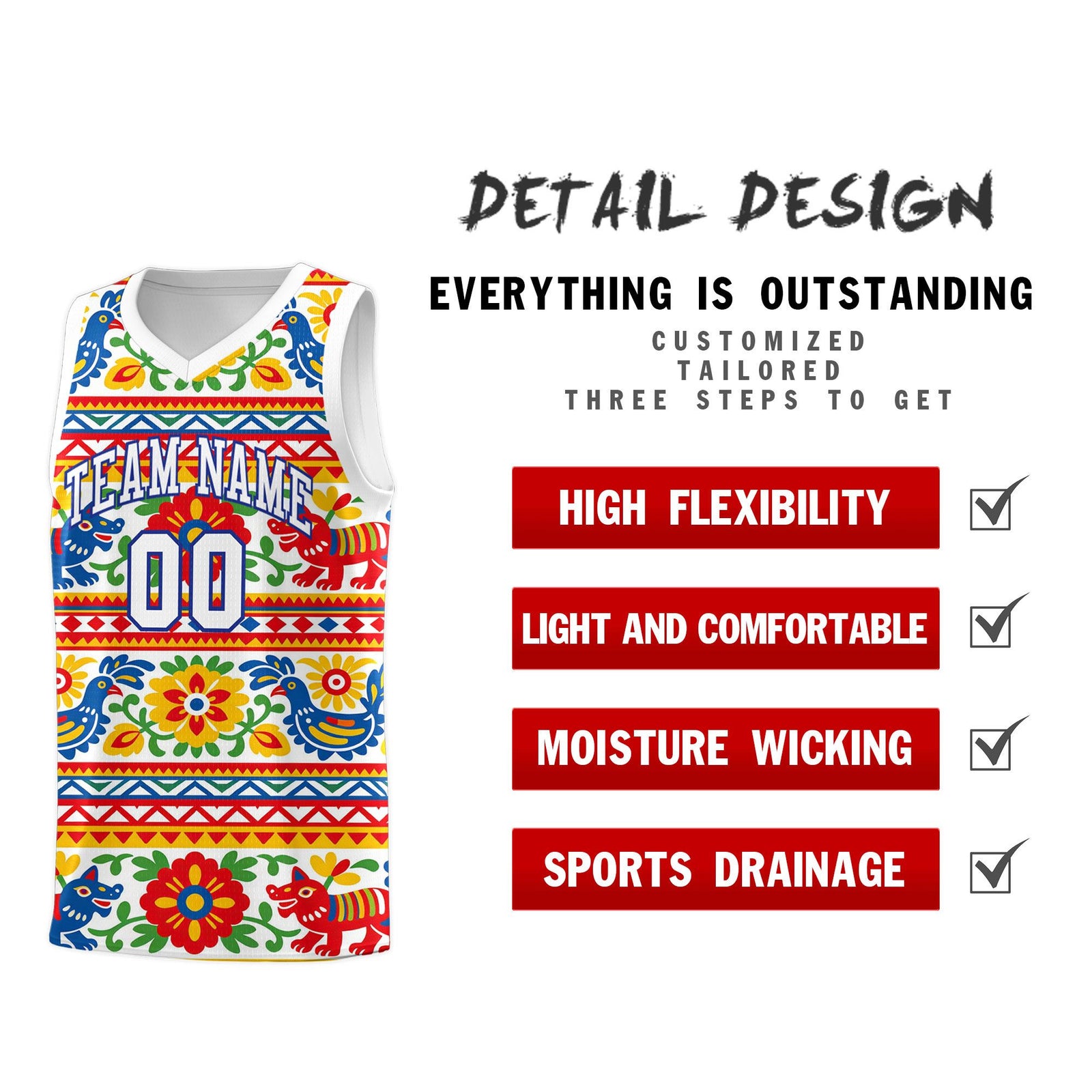 Custom White Colorfulflower pattern Mexican Colors Graffiti Patterns Quick-Drying Uniform Basketball Jersey