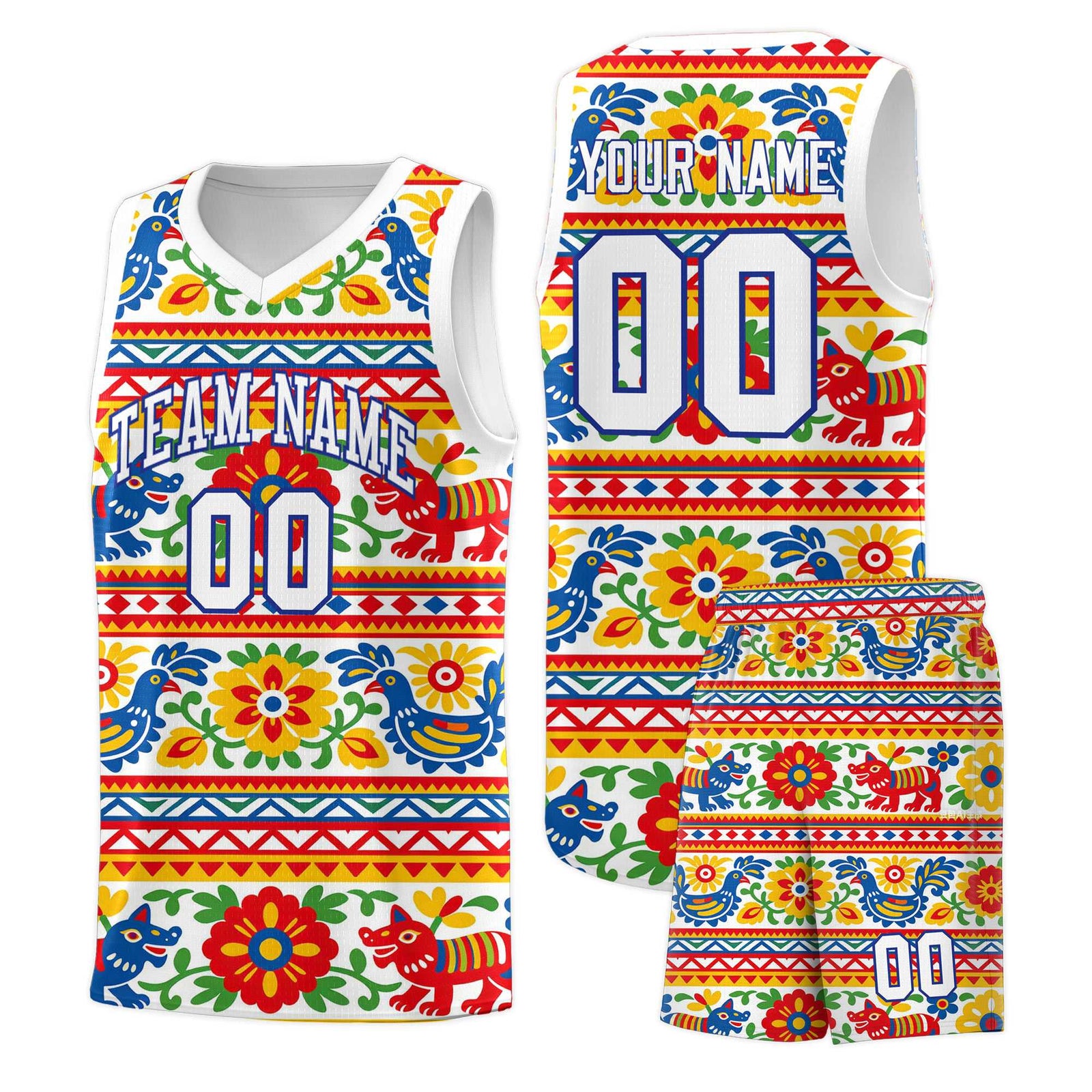Custom White Colorfulflower pattern Mexican Colors Graffiti Patterns Quick-Drying Uniform Basketball Jersey
