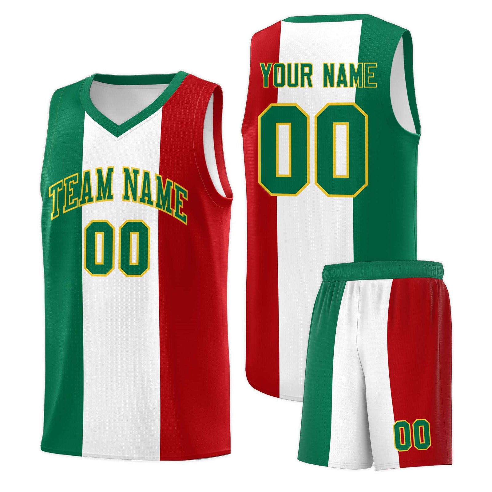 Custom White Kelly Green Red Mexican Colors Graffiti Patterns Breathable Uniform Basketball Jersey