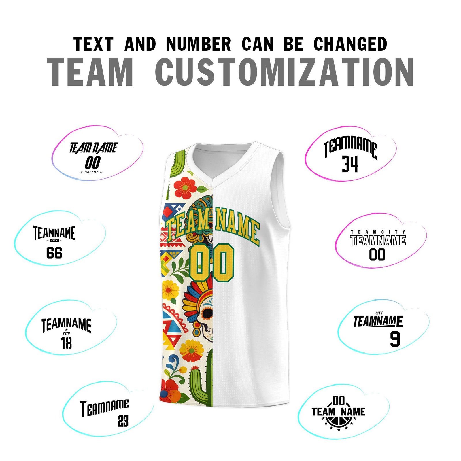 Custom White Skeleton Mexican Colors Graffiti Patterns Breathable Uniform Basketball Jersey