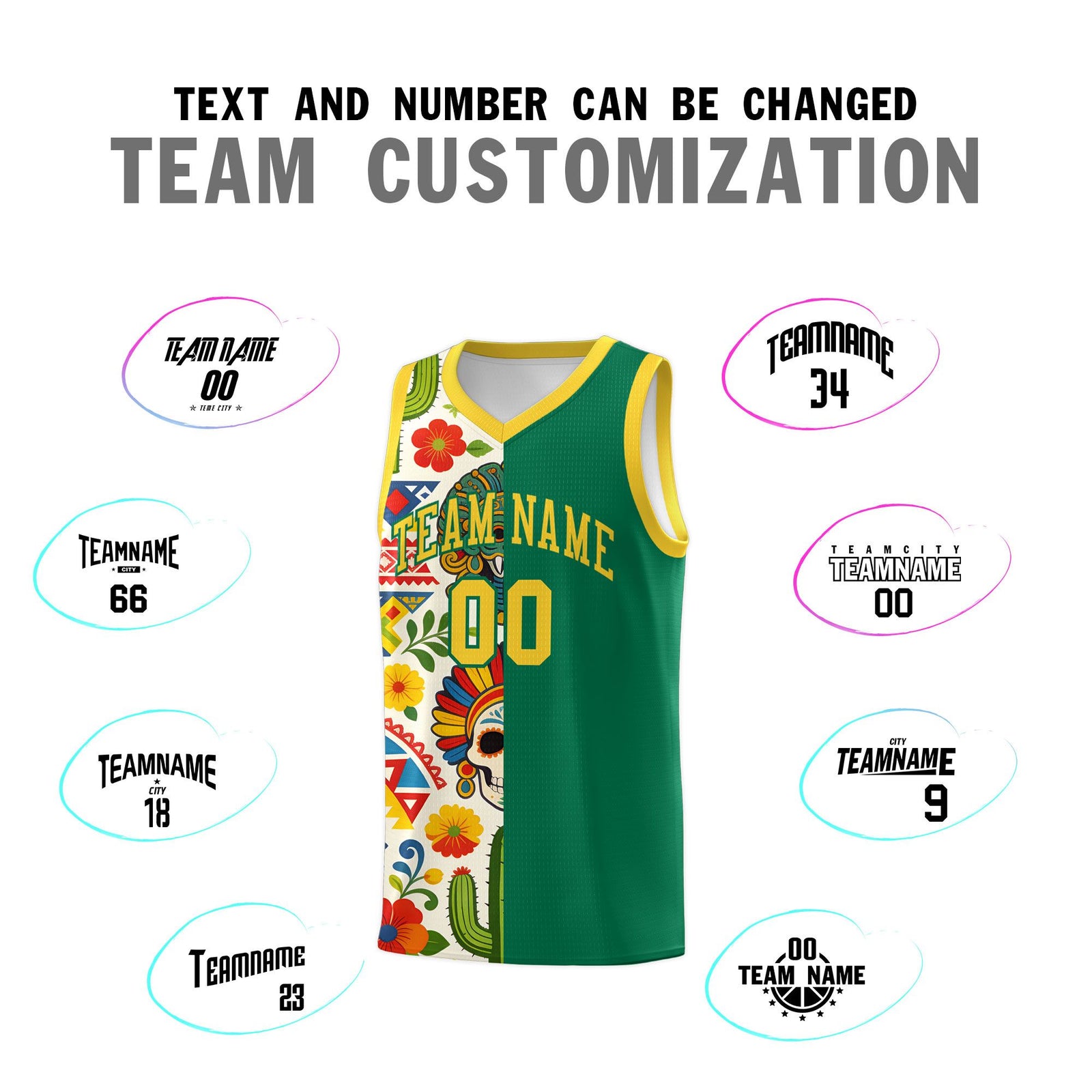 Custom Kelly Green Skeleton Mexican Colors Graffiti Patterns Quick-Drying Uniform Basketball Jersey