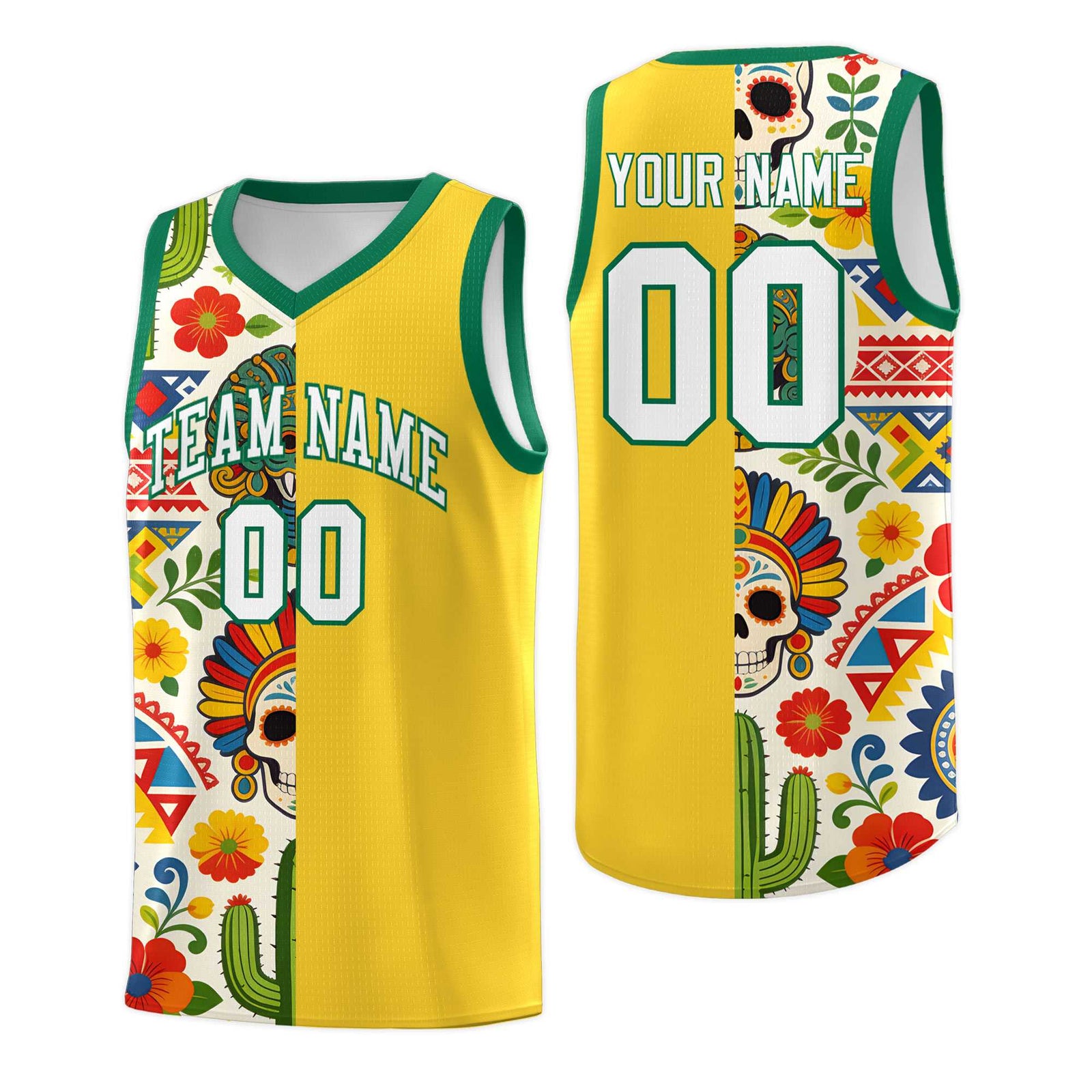 Custom Gold Skeleton Mexican Colors Graffiti Patterns Lightweight Uniform Basketball Jersey