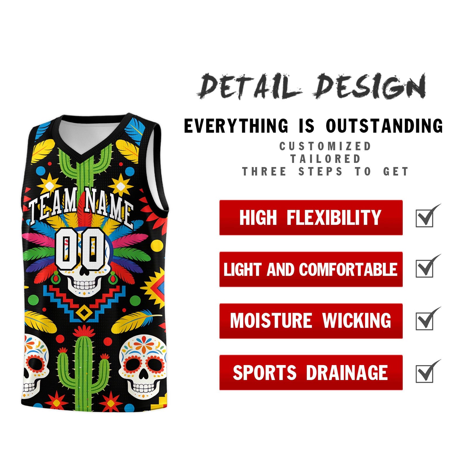 Custom Black Skeleton Mexican Colors Graffiti Patterns Sublimation Printing Uniform Basketball Jersey