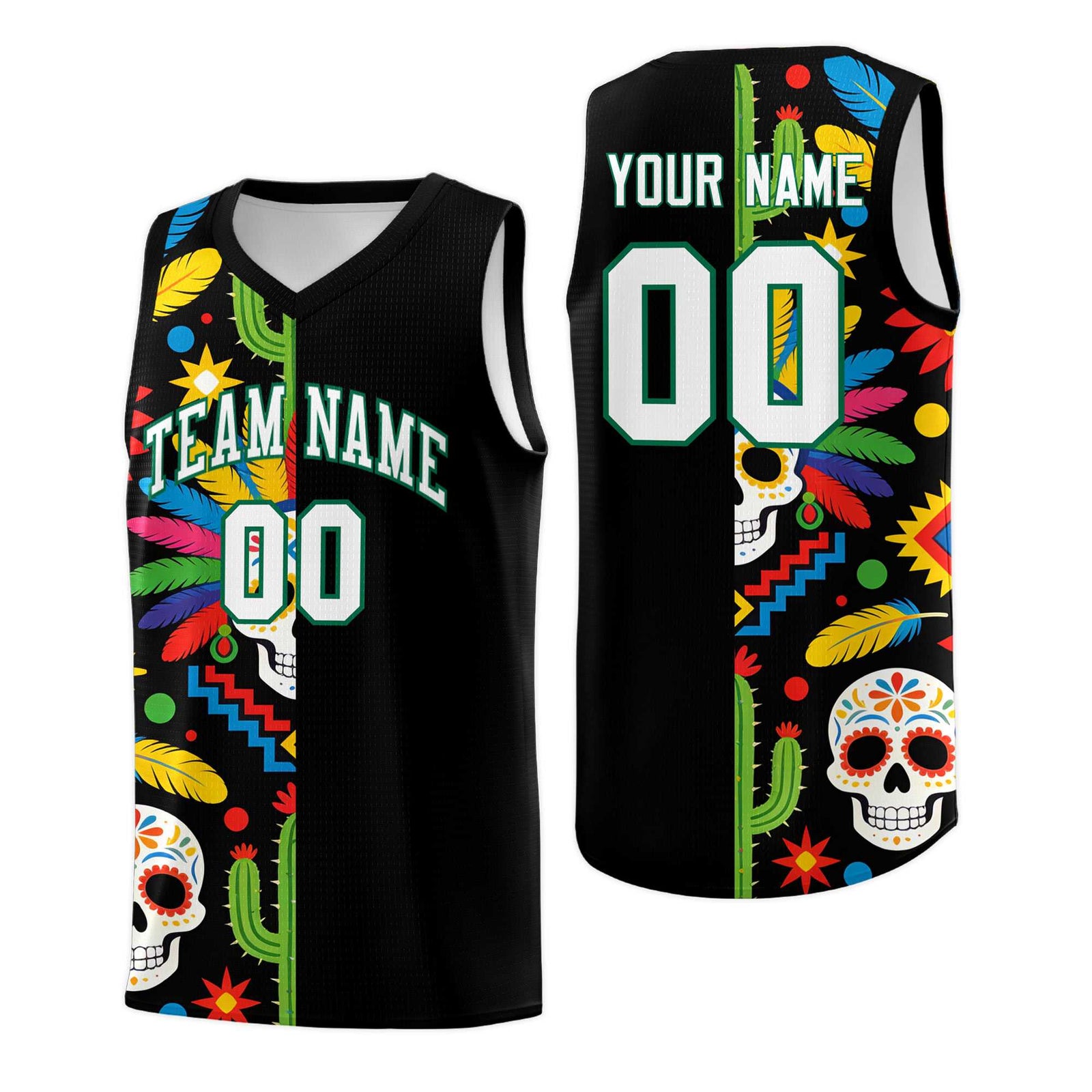 Custom Black Skeleton Mexican Colors Graffiti Patterns Breathable Uniform Basketball Jersey