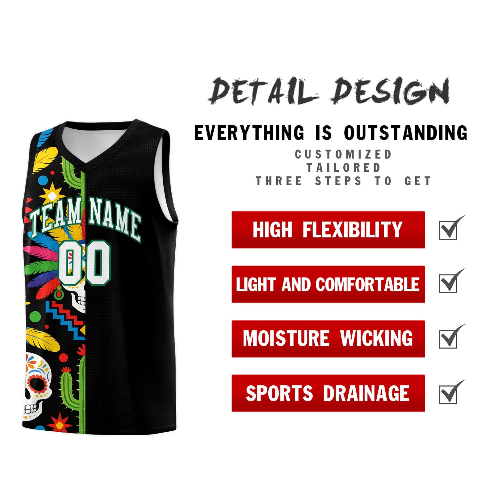 Custom Black Skeleton Mexican Colors Graffiti Patterns Breathable Uniform Basketball Jersey