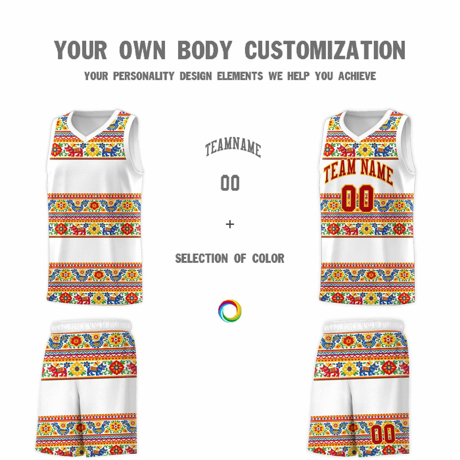 Custom White Colorfulflower pattern Mexican Colors Graffiti Patterns Quick-Drying Uniform Basketball Jersey