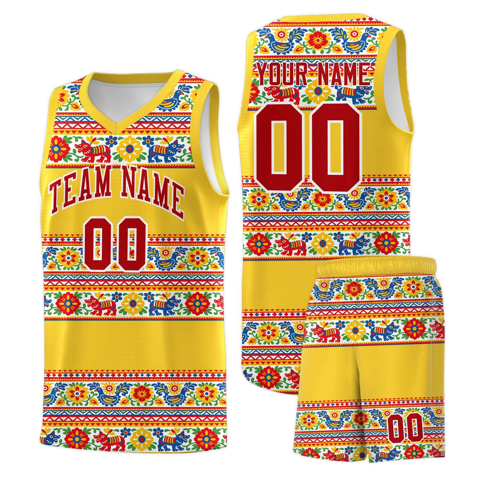 Custom Gold Colorfulflower pattern Mexican Colors Graffiti Patterns Lightweight Uniform Basketball Jersey