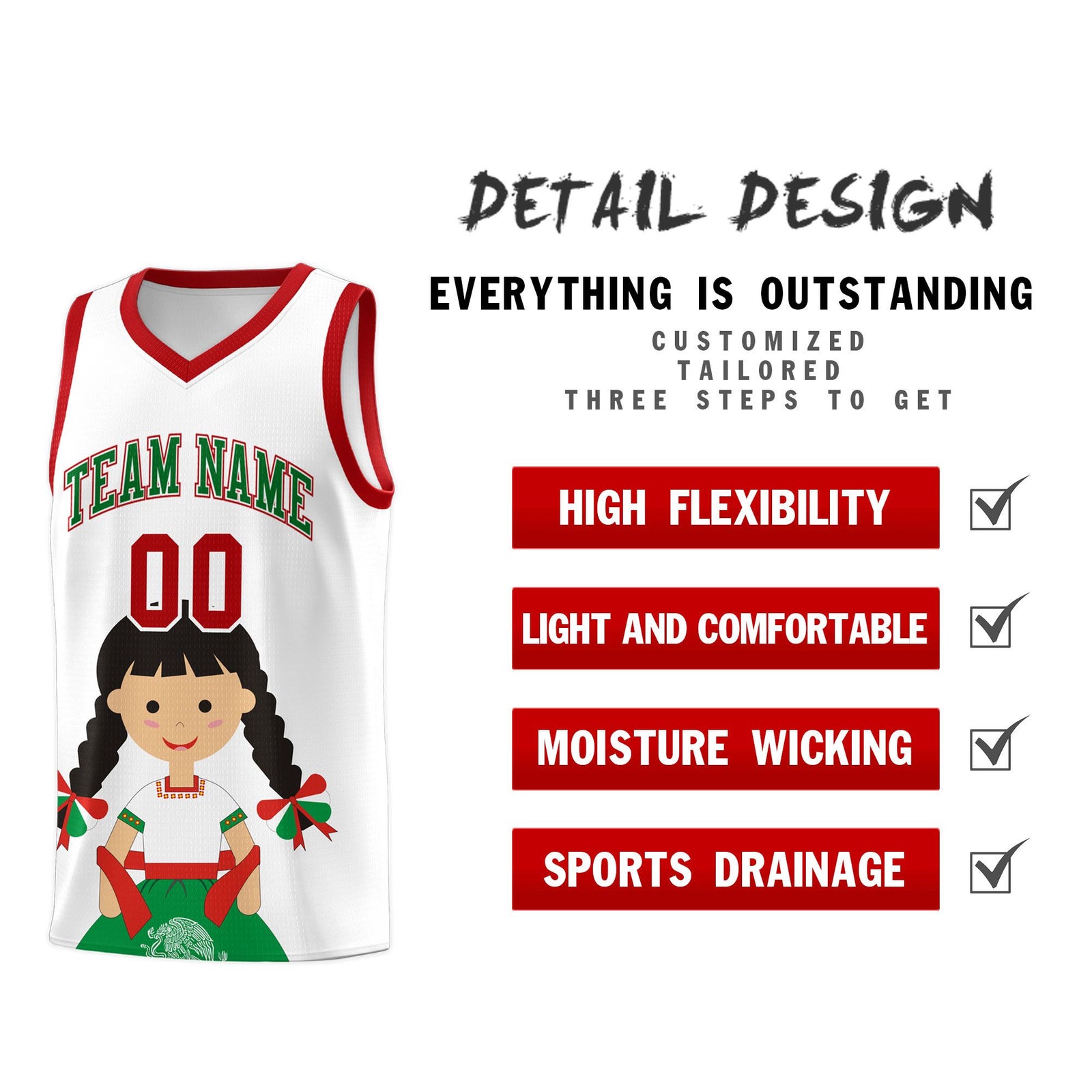 Custom White Red Mexican Colors Graffiti Patterns Sublimation Printing Uniform Basketball Jersey