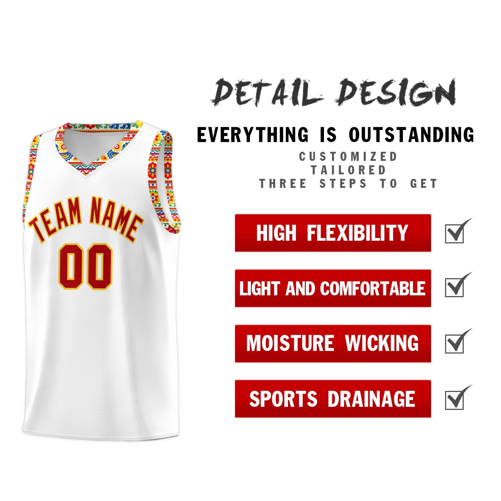 Custom White Colorfulflower pattern Mexican Colors Graffiti Patterns Wrinkle-Resistant Uniform Basketball Jersey