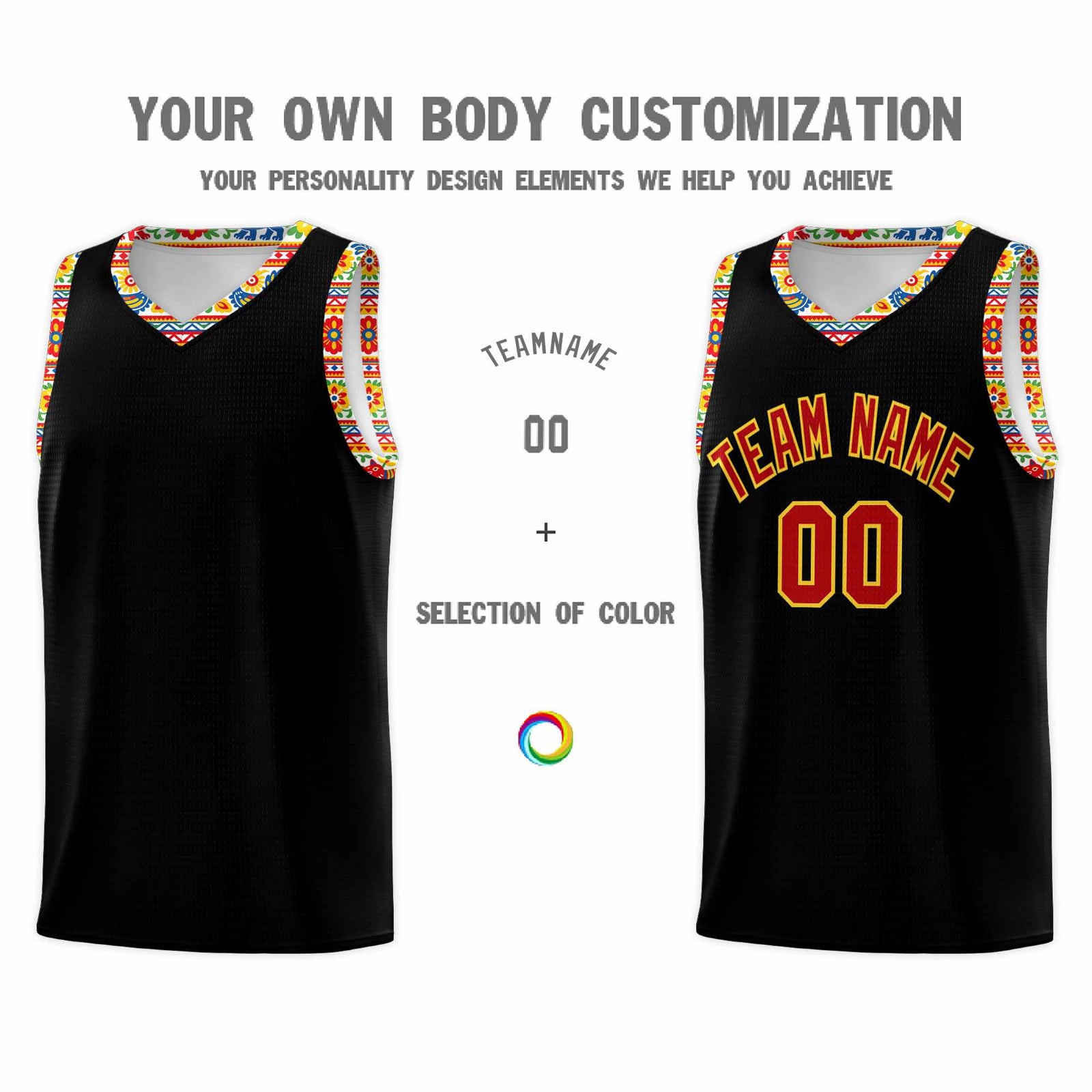 Custom Black Colorfulflower pattern Mexican Colors Graffiti Patterns Sublimation Printing Uniform Basketball Jersey