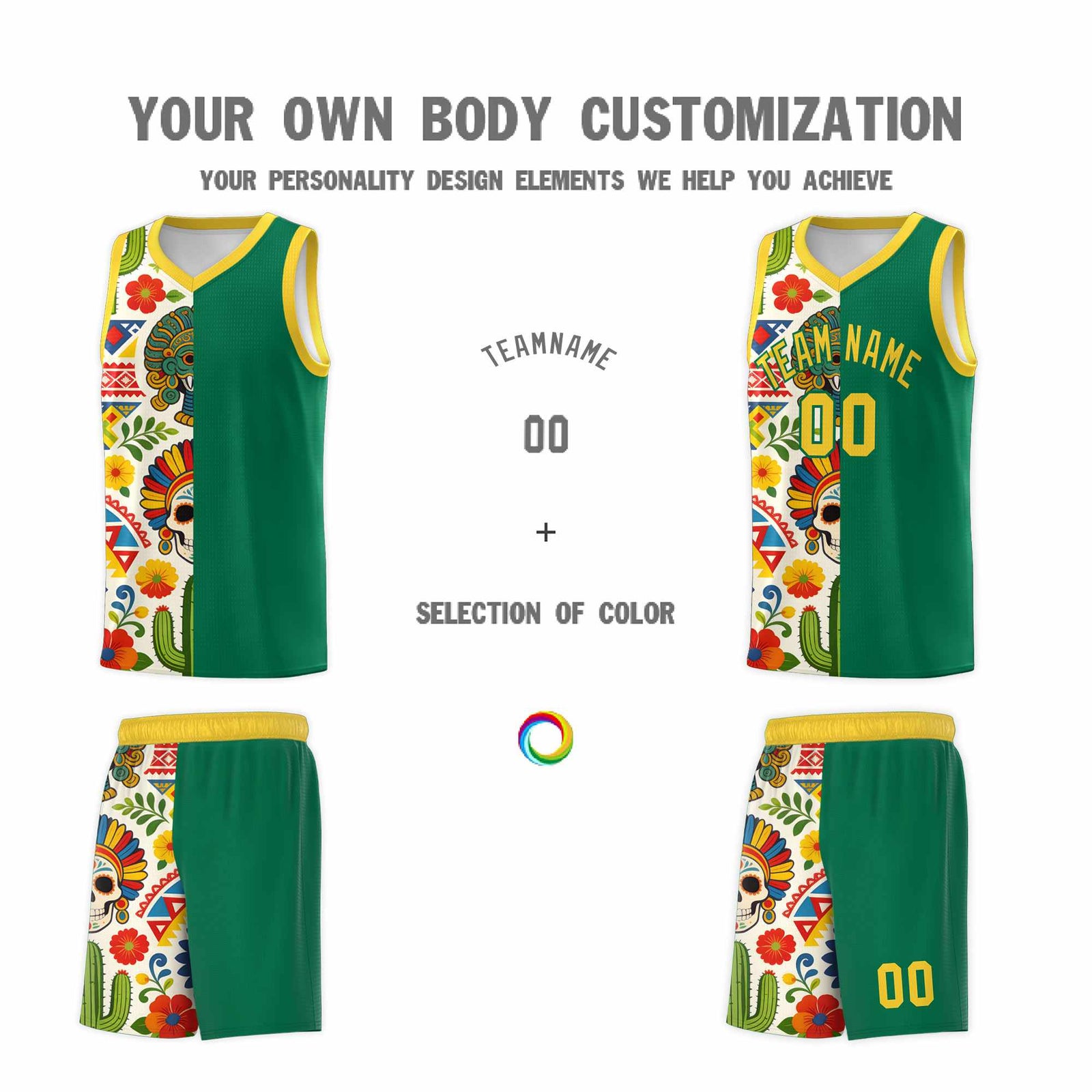 Custom Kelly Green Skeleton Mexican Colors Graffiti Patterns Quick-Drying Uniform Basketball Jersey