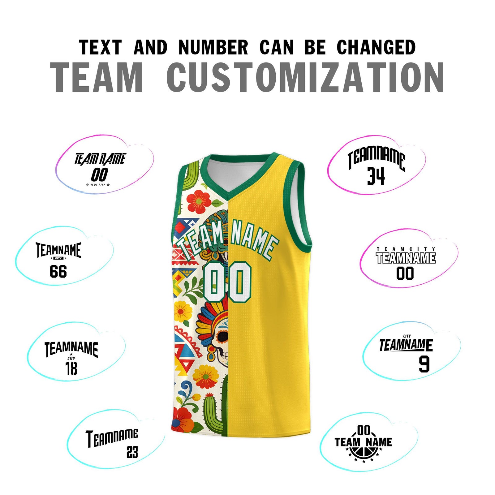 Custom Gold Skeleton Mexican Colors Graffiti Patterns Lightweight Uniform Basketball Jersey