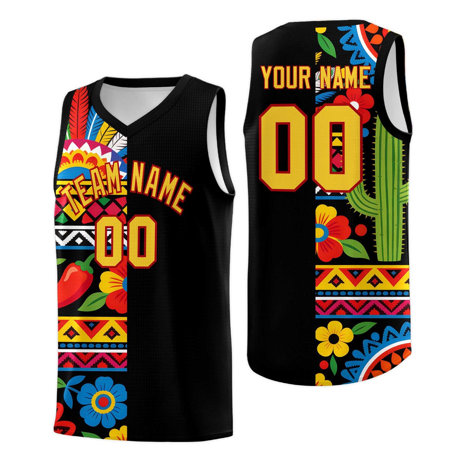 Custom Black Cactus Mexican Colors Graffiti Patterns Drapable Uniform Basketball Jersey