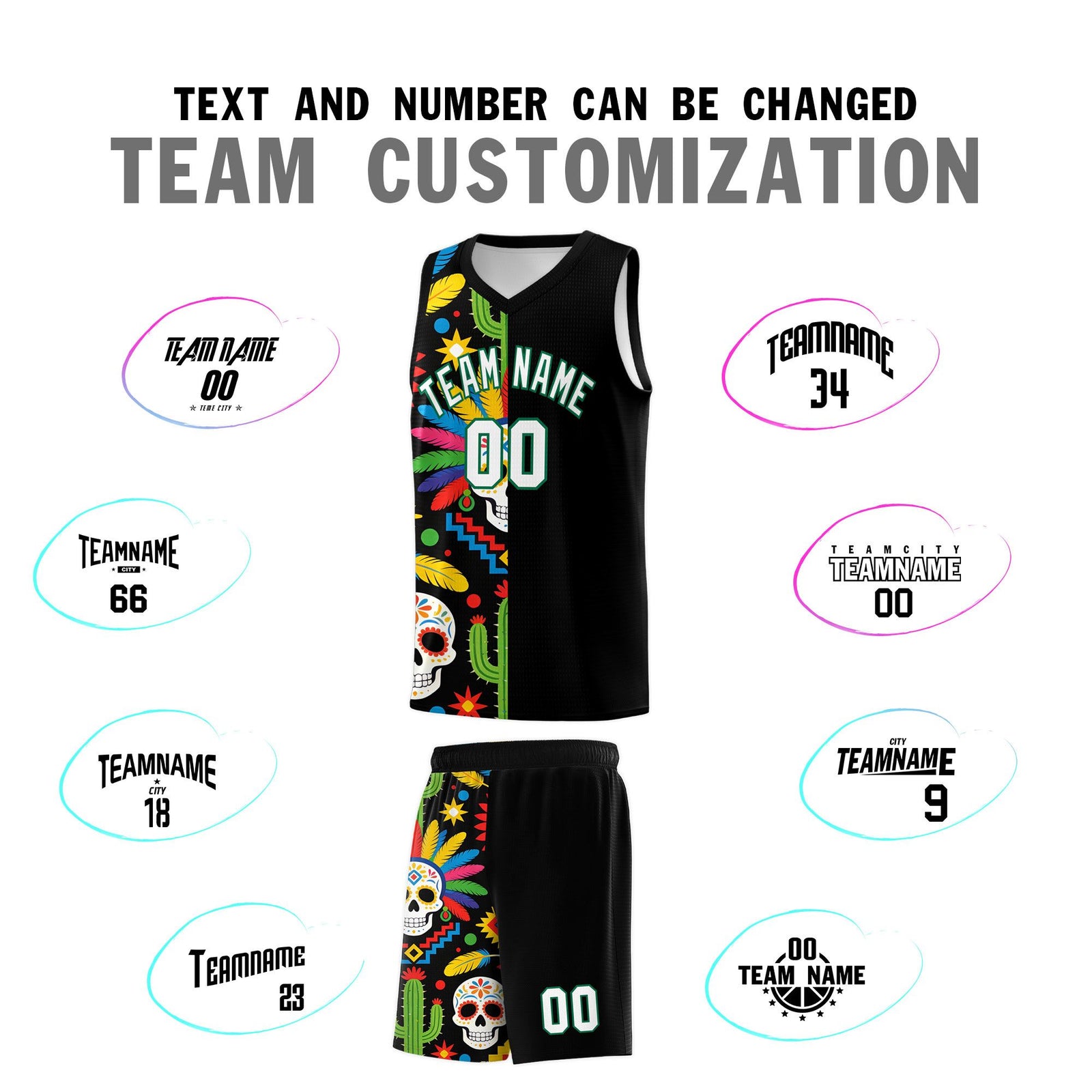 Custom Black Skeleton Mexican Colors Graffiti Patterns Breathable Uniform Basketball Jersey