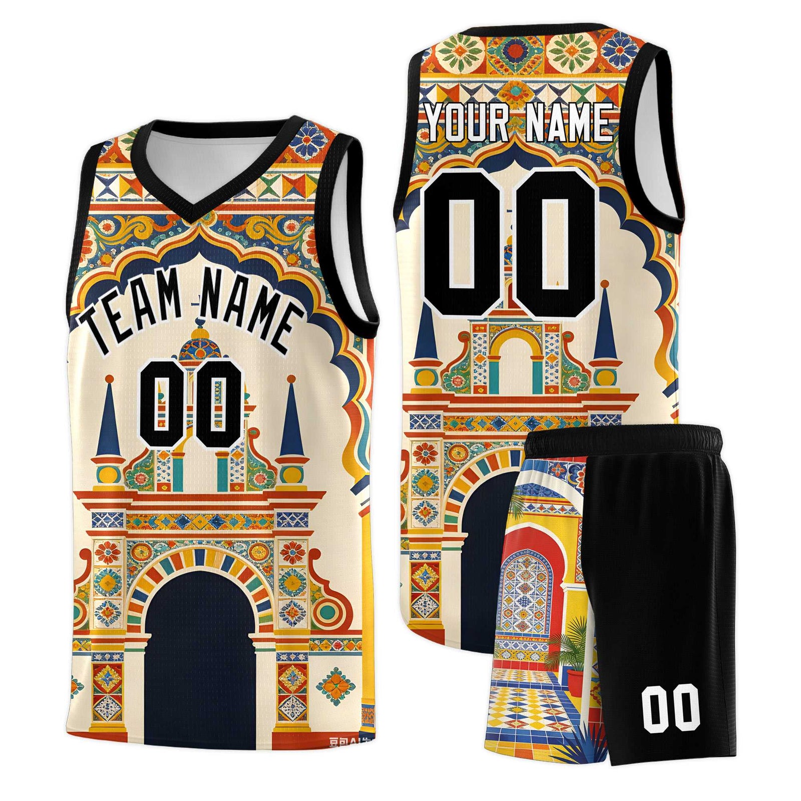 Custom Palace pattern Black Mexican Colors Graffiti Patterns Breathable Uniform Basketball Jersey