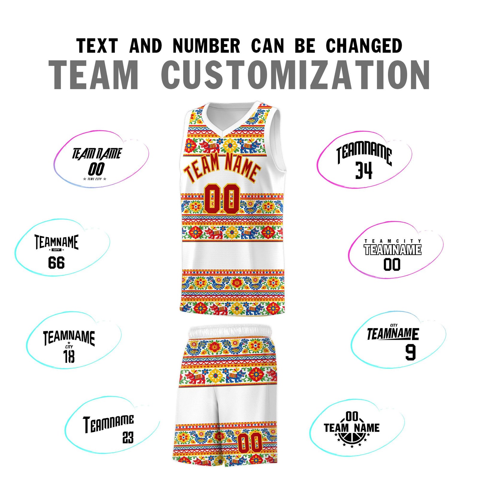 Custom White Colorfulflower pattern Mexican Colors Graffiti Patterns Quick-Drying Uniform Basketball Jersey