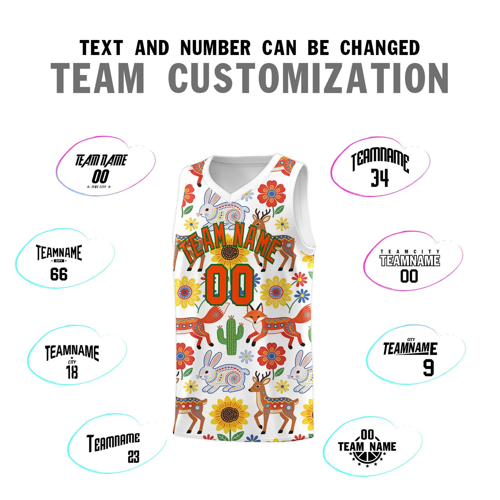 Custom White Chrysanthemum OrangeMexican Colors Graffiti Patterns Quick-Drying Uniform Basketball Jersey