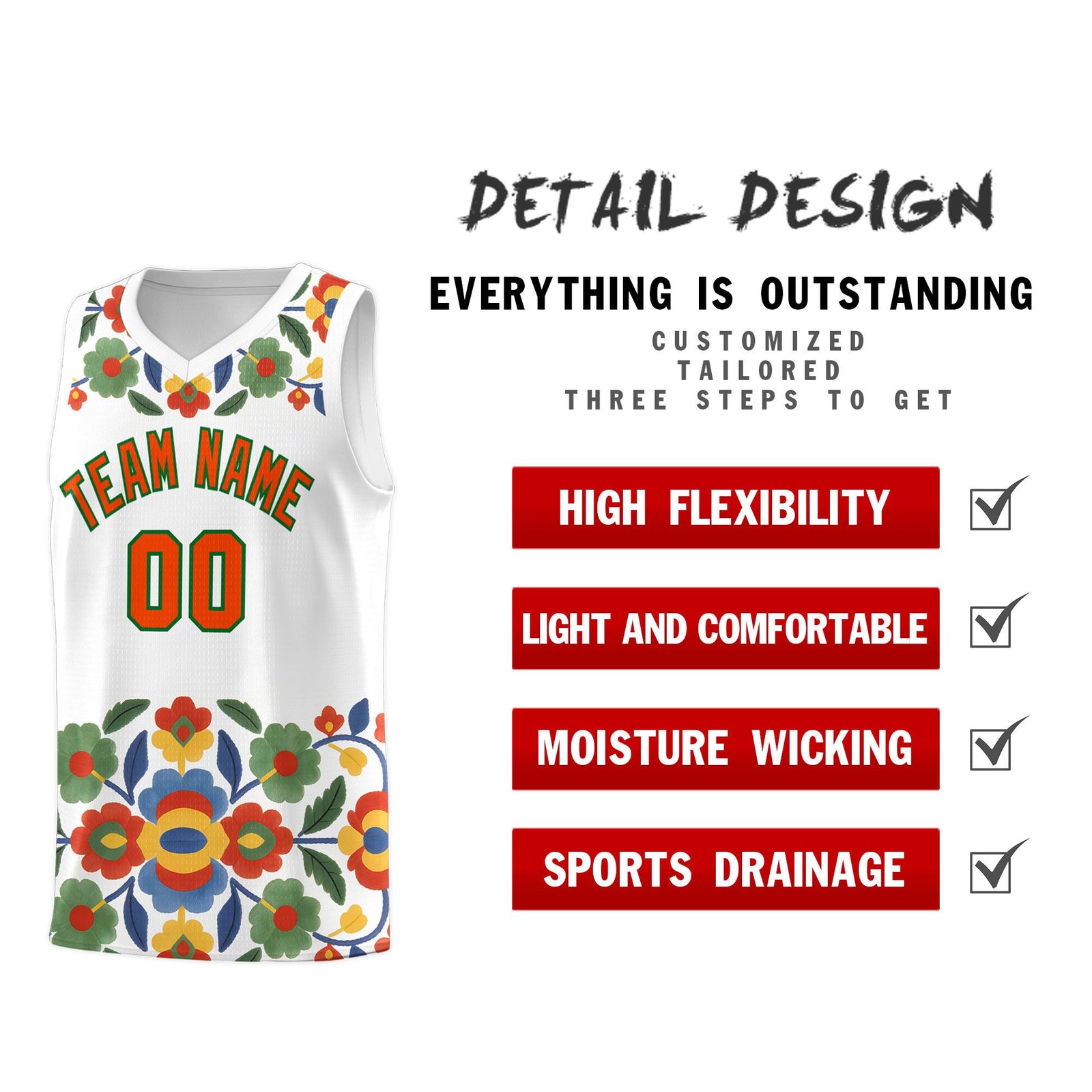 Custom White Orange Mexican Colors Graffiti Patterns Lightweight Uniform Basketball Jersey
