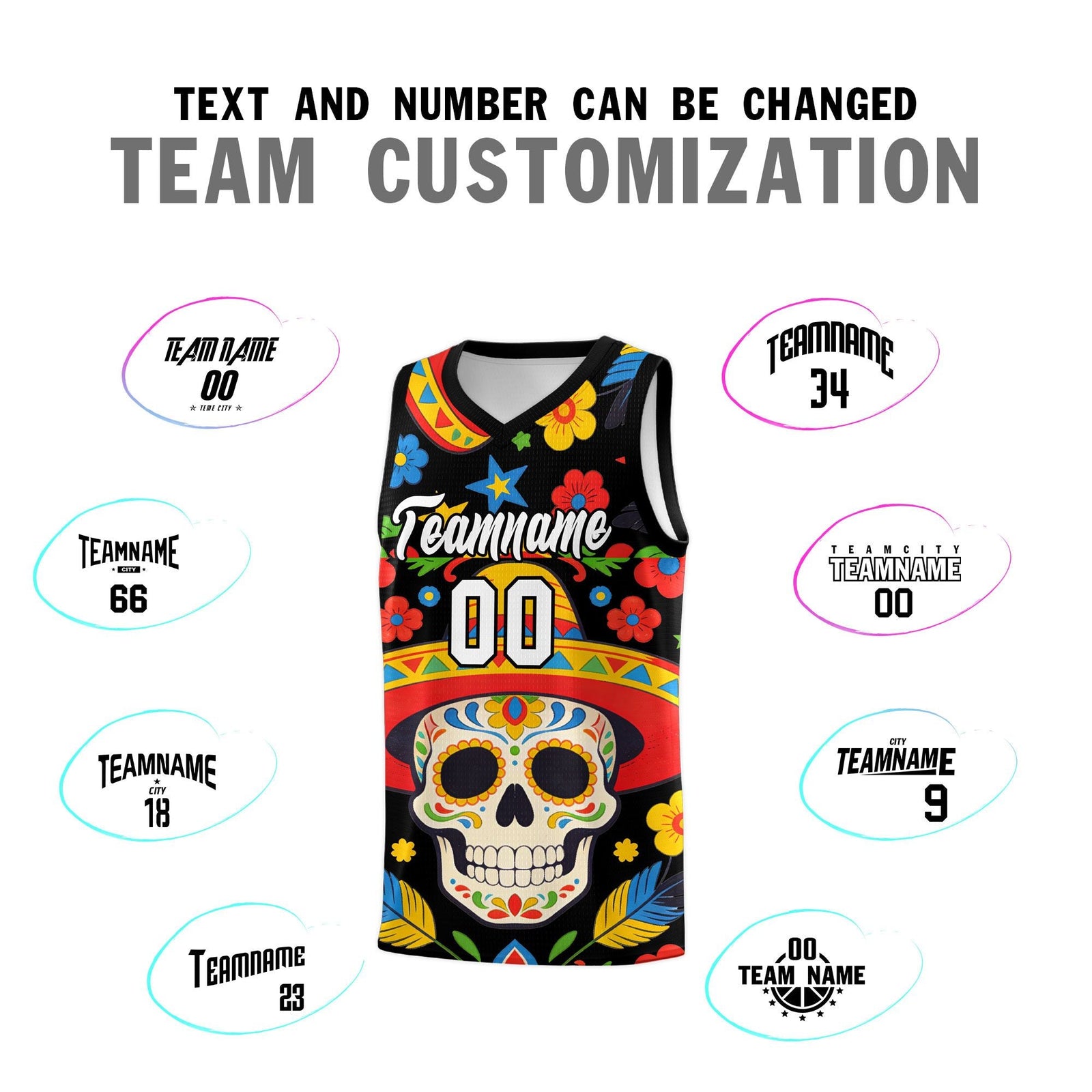 Custom Black Skeleton Mexican Colors Graffiti Patterns Breathable Uniform Basketball Jersey