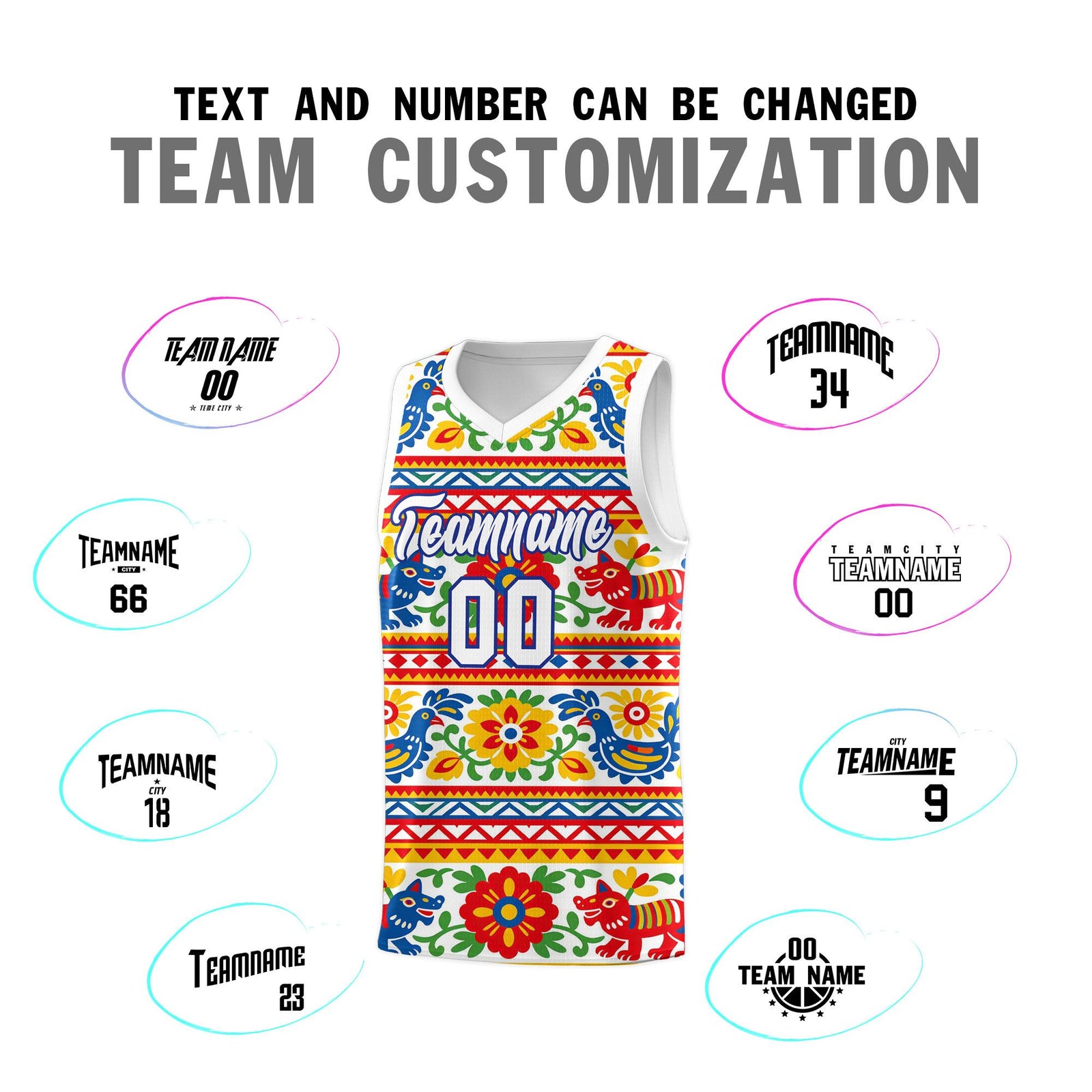 Custom White Colorfulflower pattern Mexican Colors Graffiti Patterns Quick-Drying Uniform Basketball Jersey